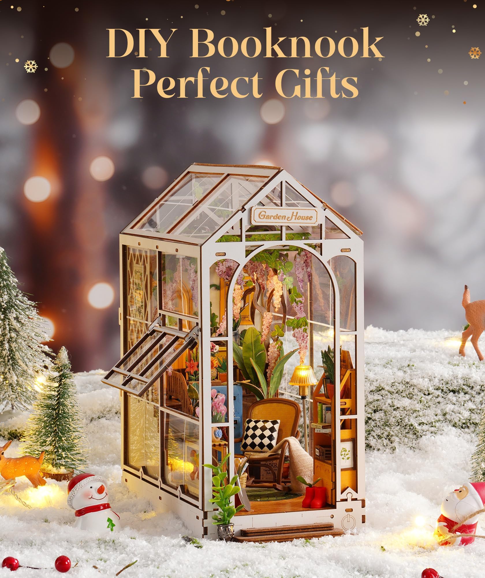 ROWOOD Book Nook Kit Gardenhouse, Booknook DIY Miniaturowy zestaw do domu ze światłem LED, podpórki do książek, zestawy modeli dla dorosłych do budowania, 3D, drewniane puzzle, regał na książki