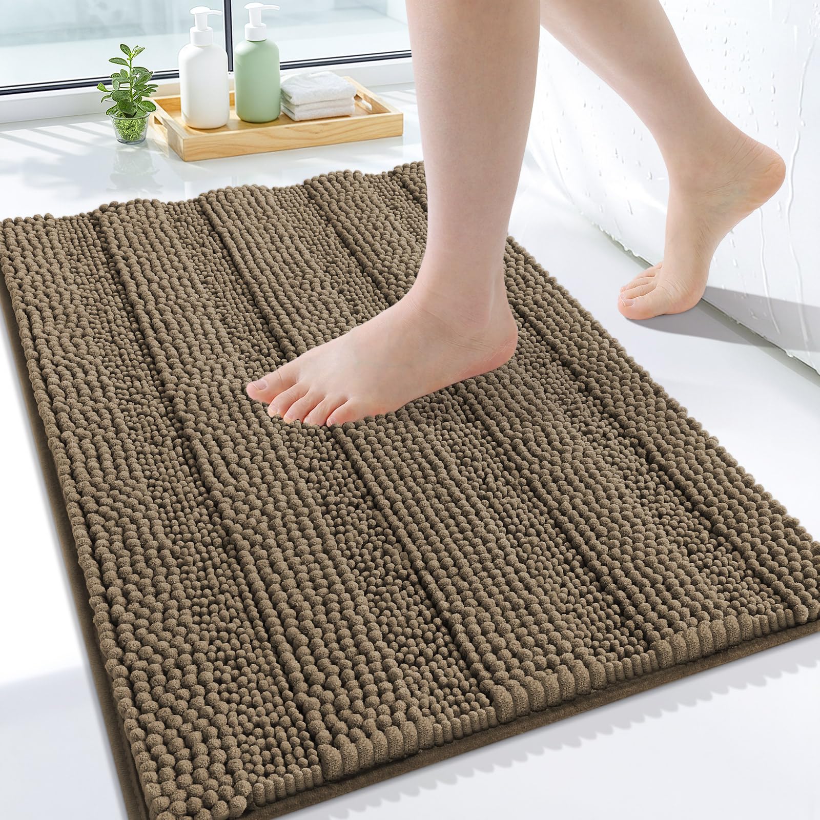 Grandaily Chenille Bathroom Rugs 24x16, Soft Absorbent Bath Mats, Camel