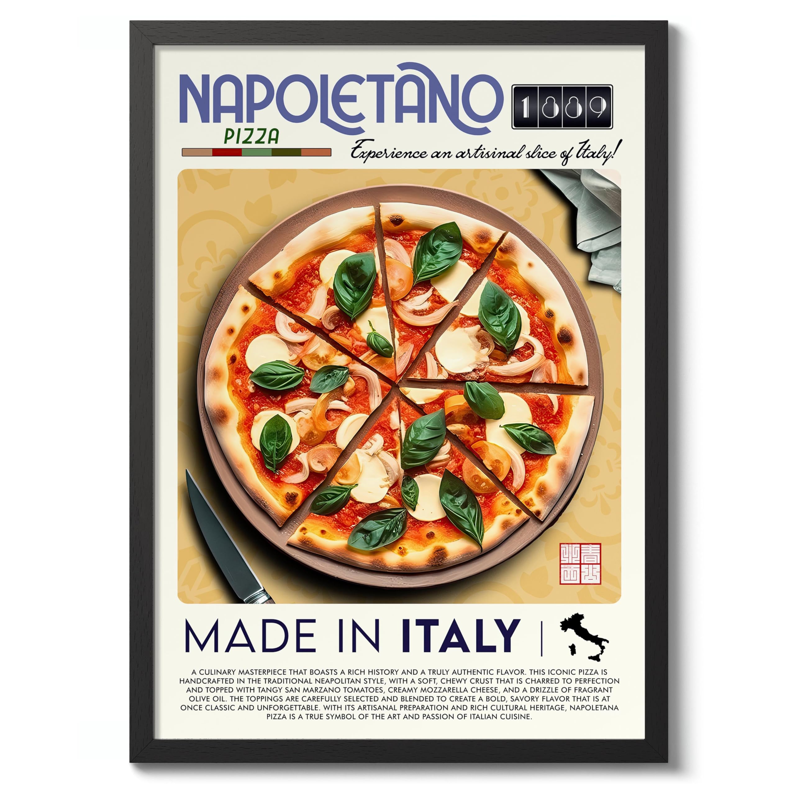 Napoletana Pizza Kitchen Poster, Food Wall Art Modern Print, Restaurant Decor, Chef Dining Room Interior Design, Archival Matte, A2 (Black Frame) - 59.4x42cm