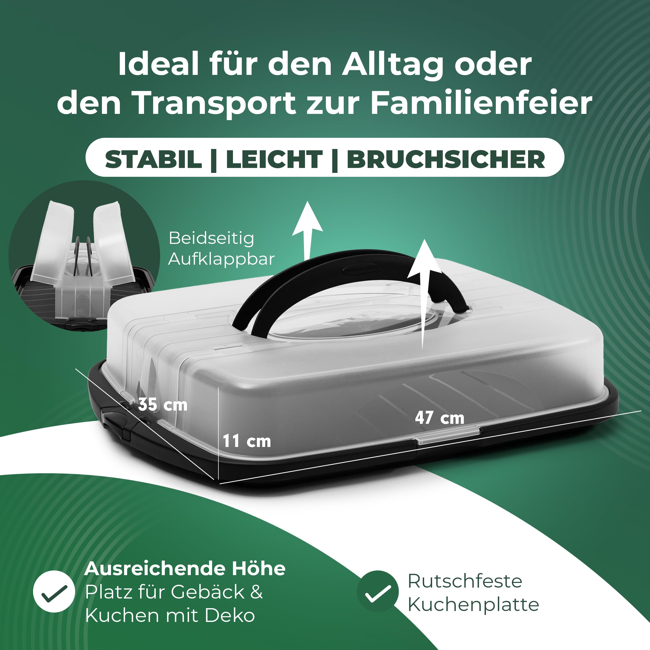 Novaliv 2x Kuchen-Transportbox XL (Rechteckig 47 x 35 x 11 cm), Aufbewahrungsbox aufklappbar, Party-Box Container Tortentransportbox Tortenbehälter Behälter, Kuchen Torten Muffins Desserts Buffet