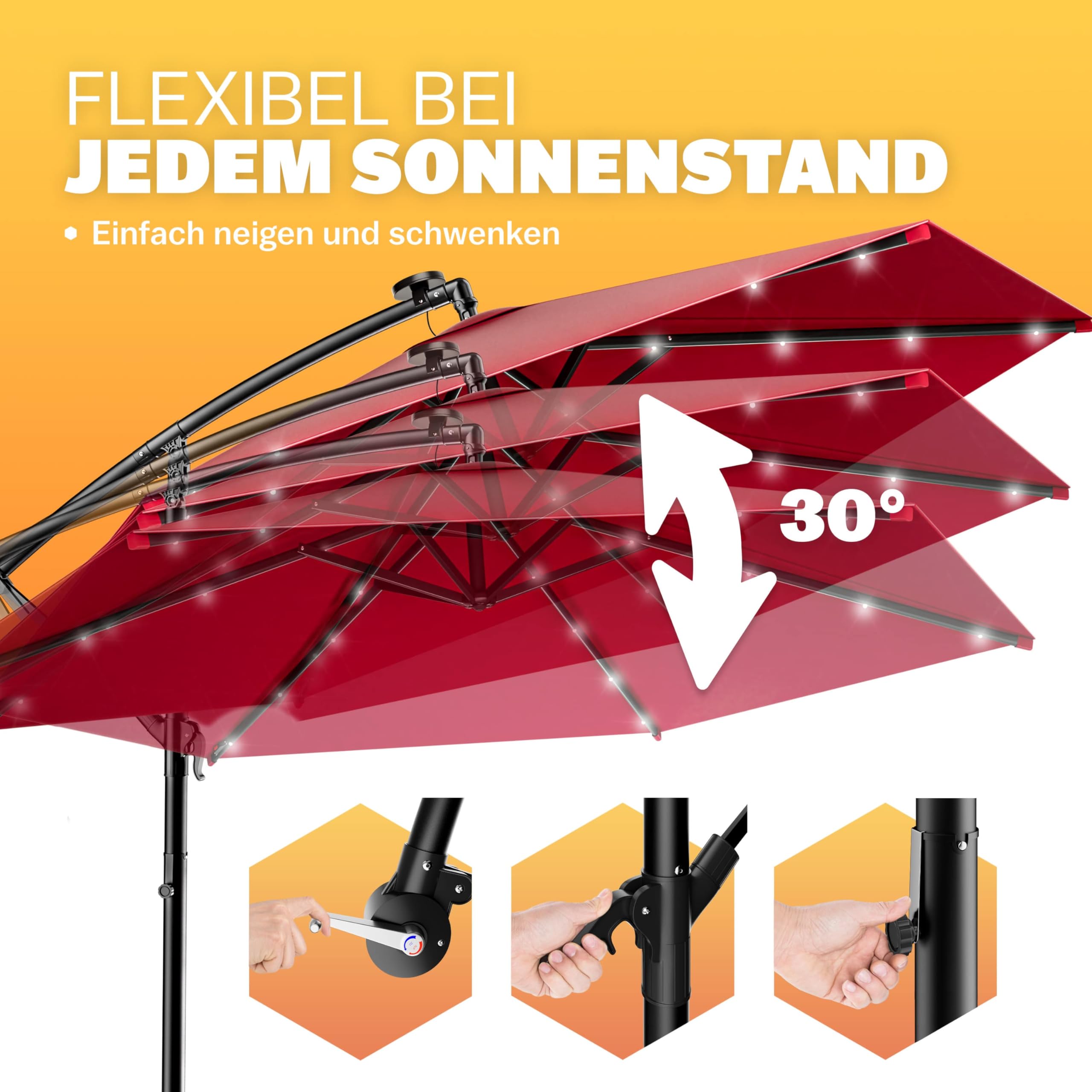 Kingsleeve® Ampelschirm LED Beleuchtung UV Schutz 80+ Solar Ständer Schutzhülle Windsicherung 300cm Groß Kurbel Balkon Terrasse Garten Sonnenschirm Rot