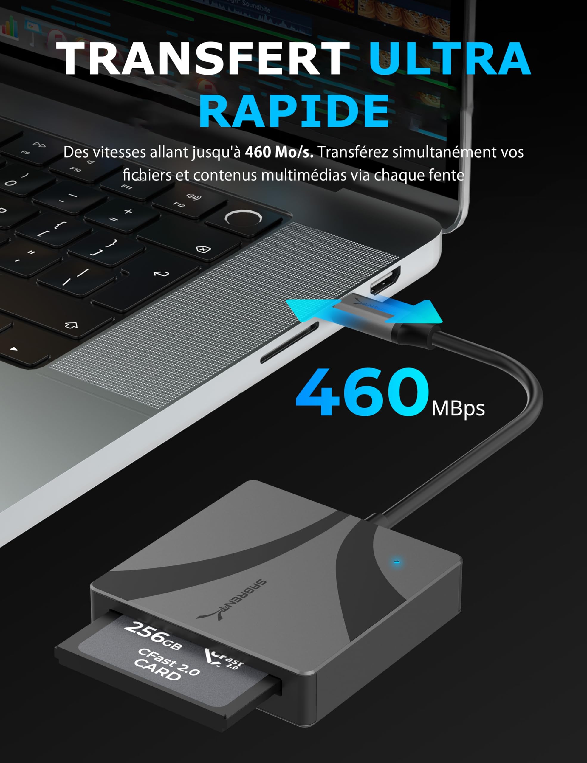 SABRENT Lecteur de Carte mémoire USB Type C vers CFast 3.2, 460MBps Haute Vitesse Lecteur de Carte Externe, C Fast Card Reader pour photographes Professionnels, vidéastes (CR-CF20)
