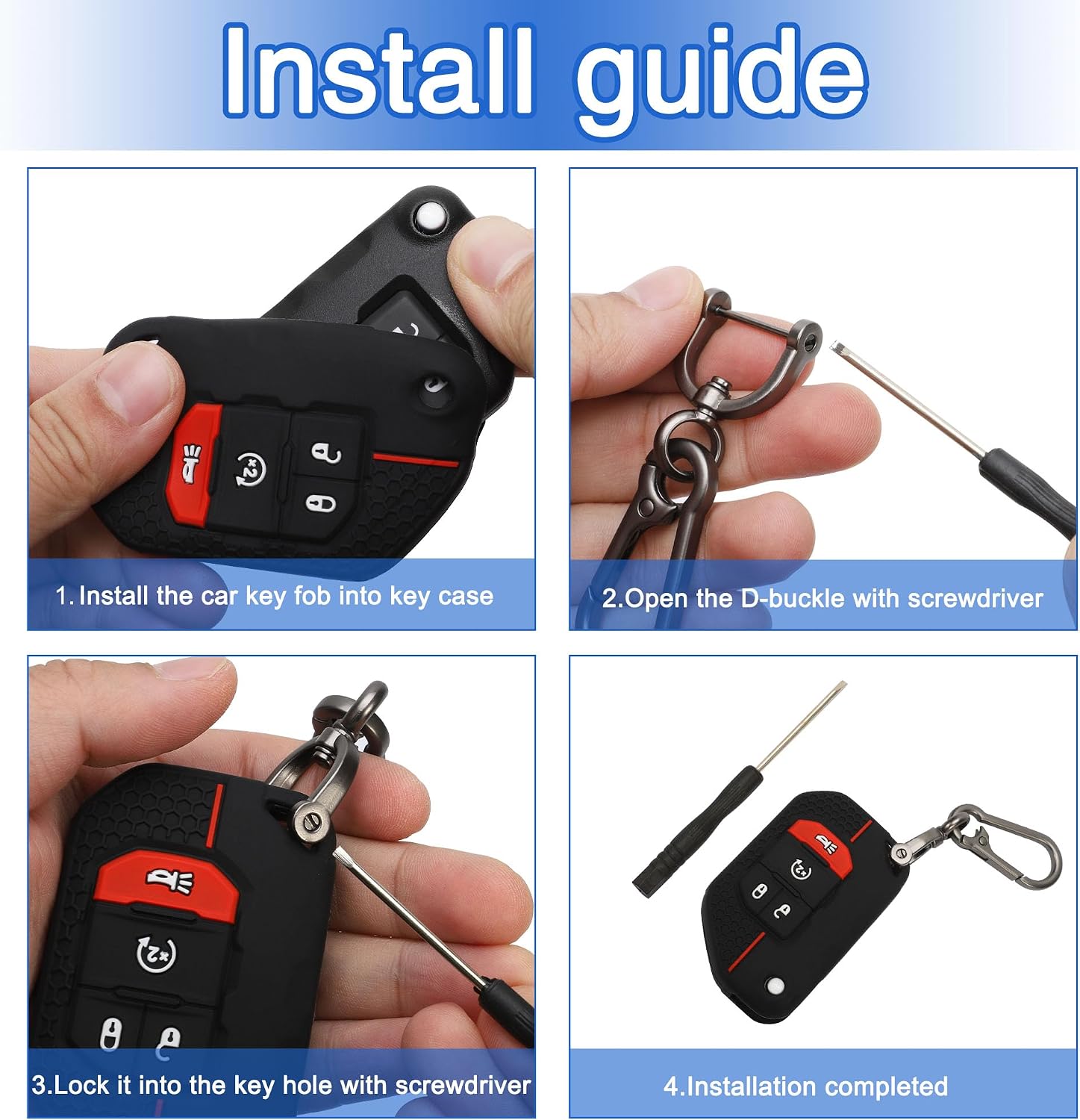TOMALL 2 Pack for Jeep Key Fob Cover with Keychain, 4 Buttons Silicone Rubber Key Fob Case Compatible with Jeep Wrangler JL JLU Rubicon Gladiator JT Sahara JLU Car Key Cover