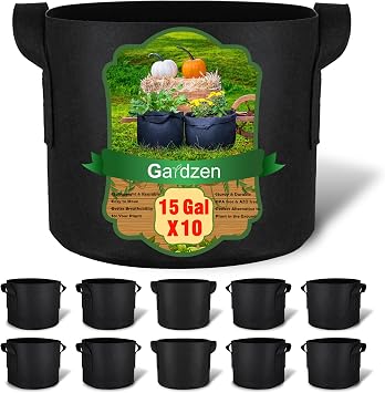 Gardzen 10-Pack 15 Gallon Grow Bags, 300G Thickened Fabric Grow Bags with Handles, Heavy Duty Aeration Plant Grow Bags for Indoor & Outdoor Use