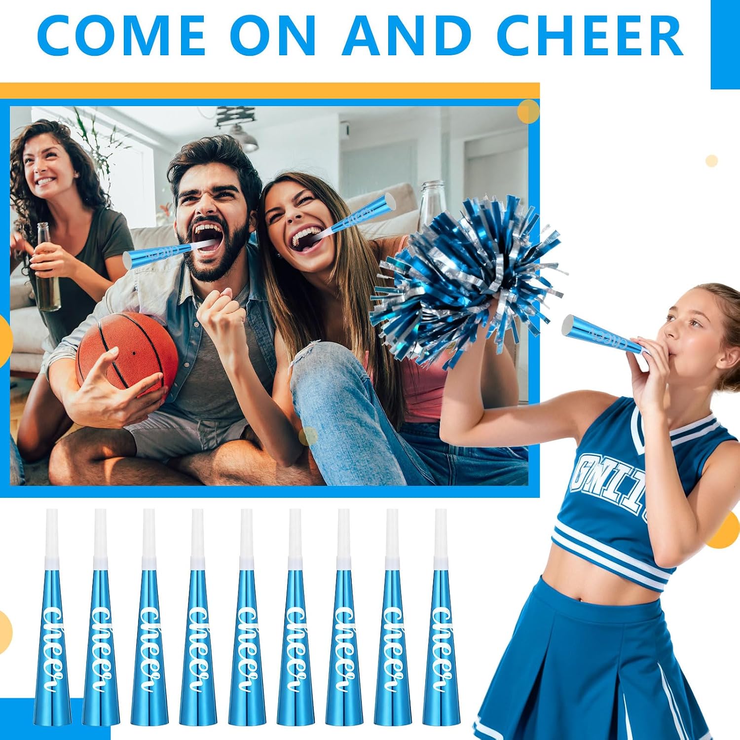 Lenwen 24 Pcs Football Party Decorations Party Noise Makers Bulk for Football Cheerleader Gifts Cheering Trumpet Horn Metallic Blue for Birthday Game Decor Favor Team Sports Events Accessories image 5