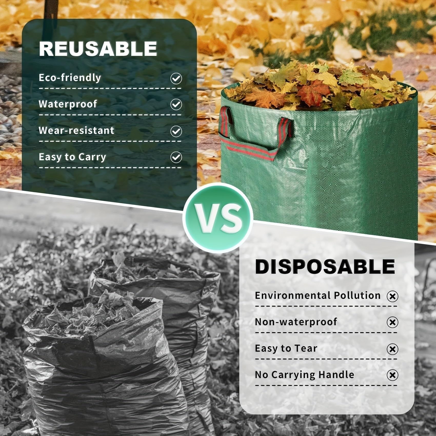 Borsa per la raccolta delle foglie con coperchio, tracolla e coulisse - riutilizzabile Sacco detriti giardino