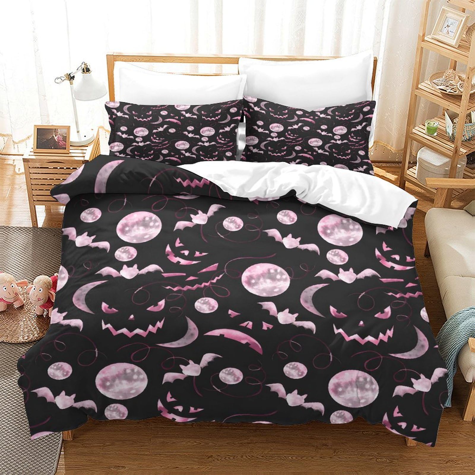 LIAOHENKAN Halloween Pink Pumpkin Spooky 3Pcs Full Size Bedding Set for Kids Boys Girls Ultra Soft Comforter Set with Zipper Closure Breathable Duvet Cover Set Bedclothes Single（140x200cm）