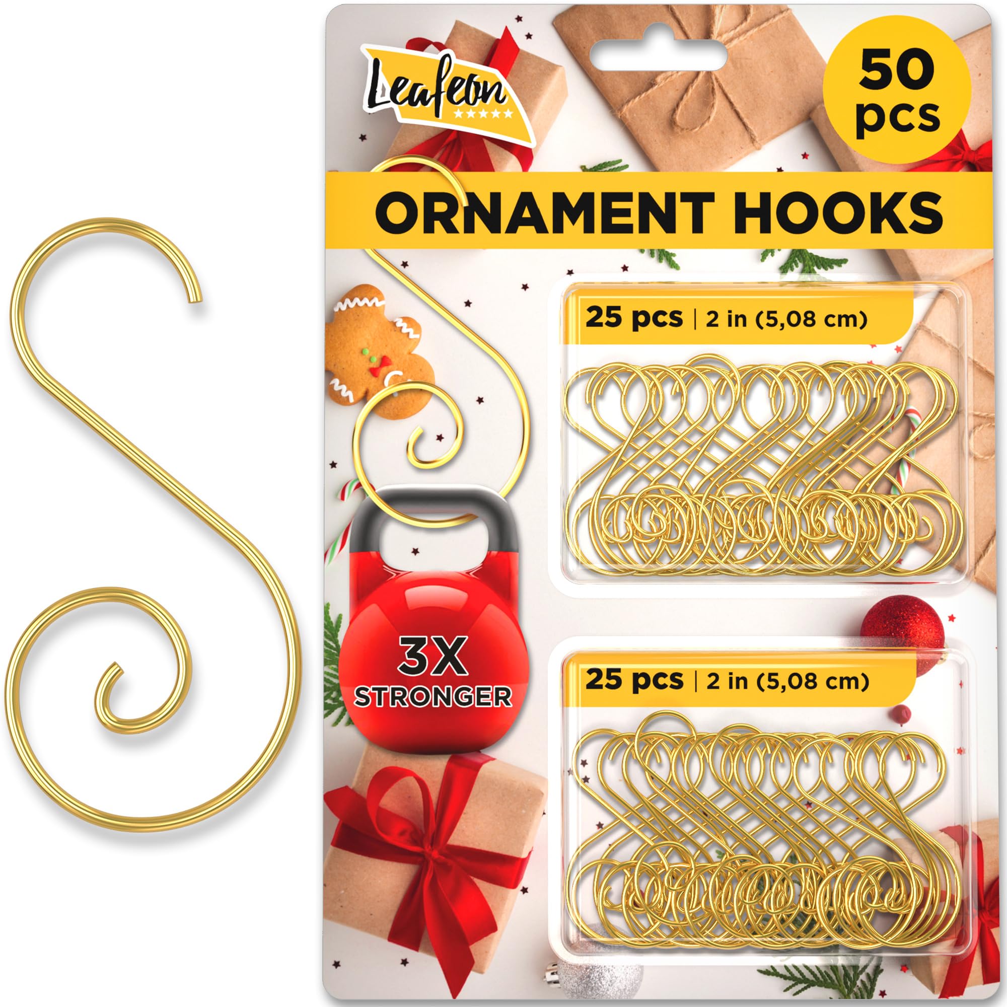 Leafeon 50 Pack S-Shaped Christmas Ornament Hooks for Christmas Tree Decoration – The Best Holiday S-Shaped Xmas Ornament Hangers (Gold)