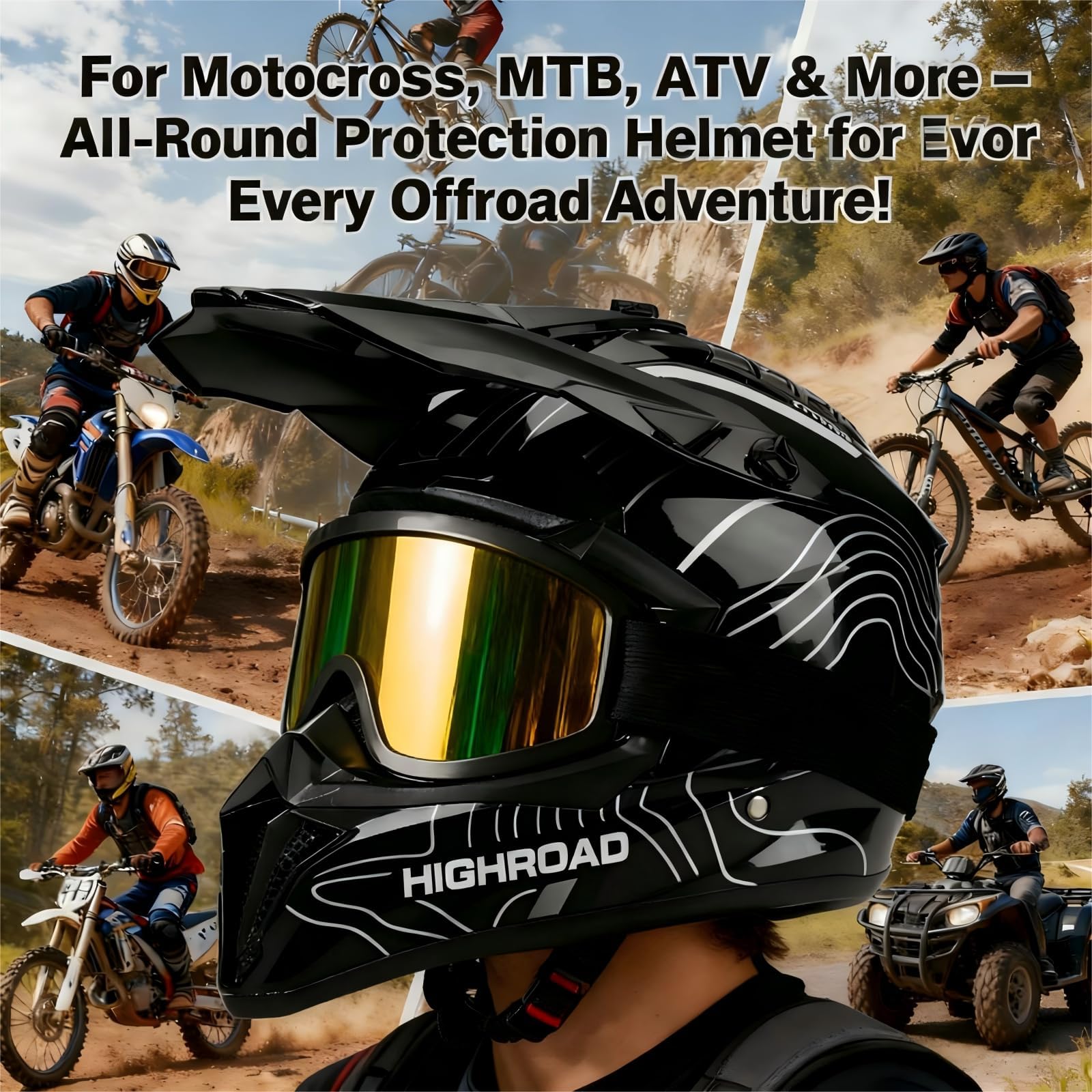 Fullface MTB Helm Set für Erwachsene, Motocross Crosshelm mit 2 Wechsel Innenfuttern, Brille Maske Handschuhe, Universeller Downhill Enduro Helm für Dirt Bike ATV Quad Mofa Moped