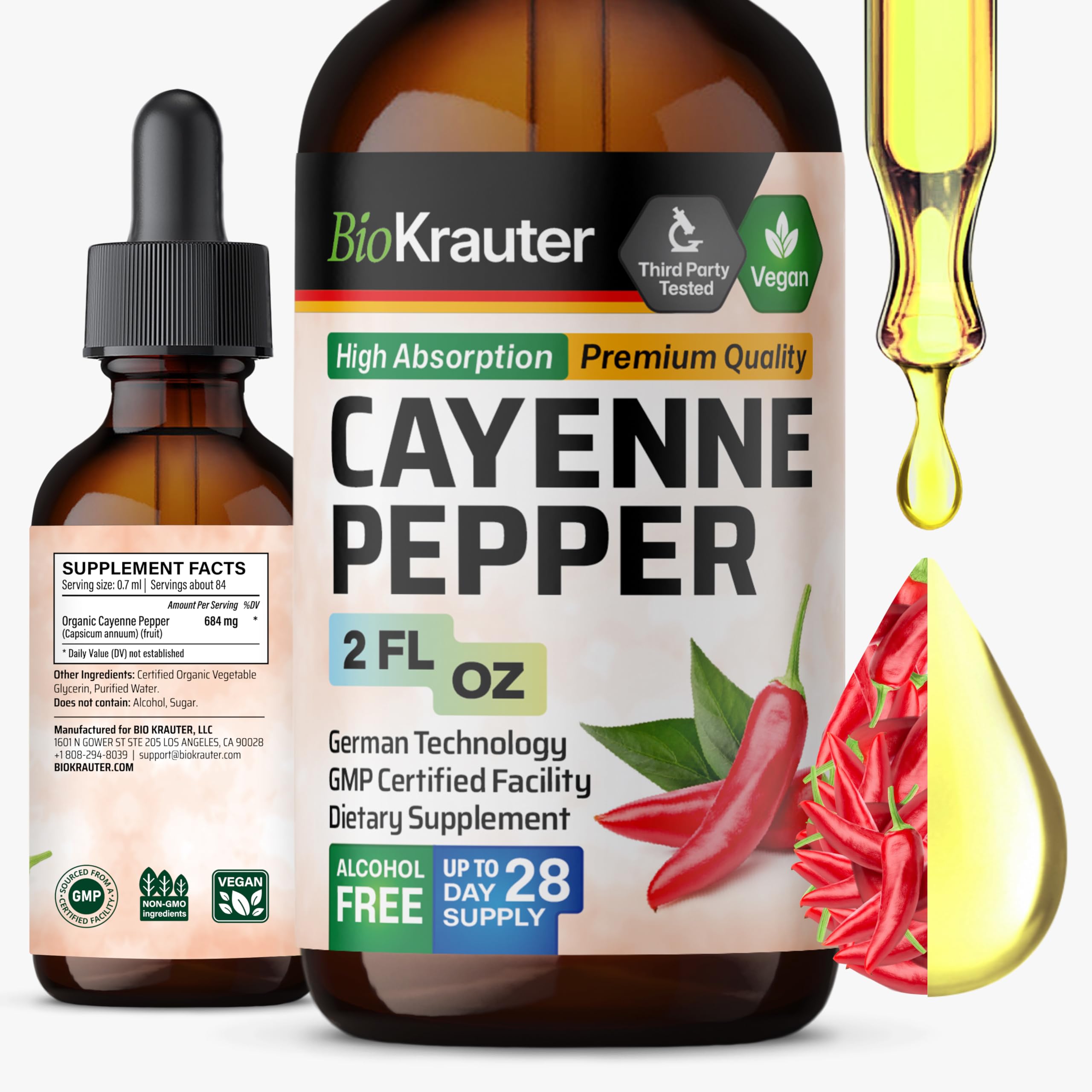 BIO KRAUTER Cayenne Pepper Drops - Liquid Cayenne Pepper Supplements - Natural Capsaicin Extract for Digestive Support - Pure Formula - Vegan Sugar & Alcohol Free - 2 Fl. Oz.