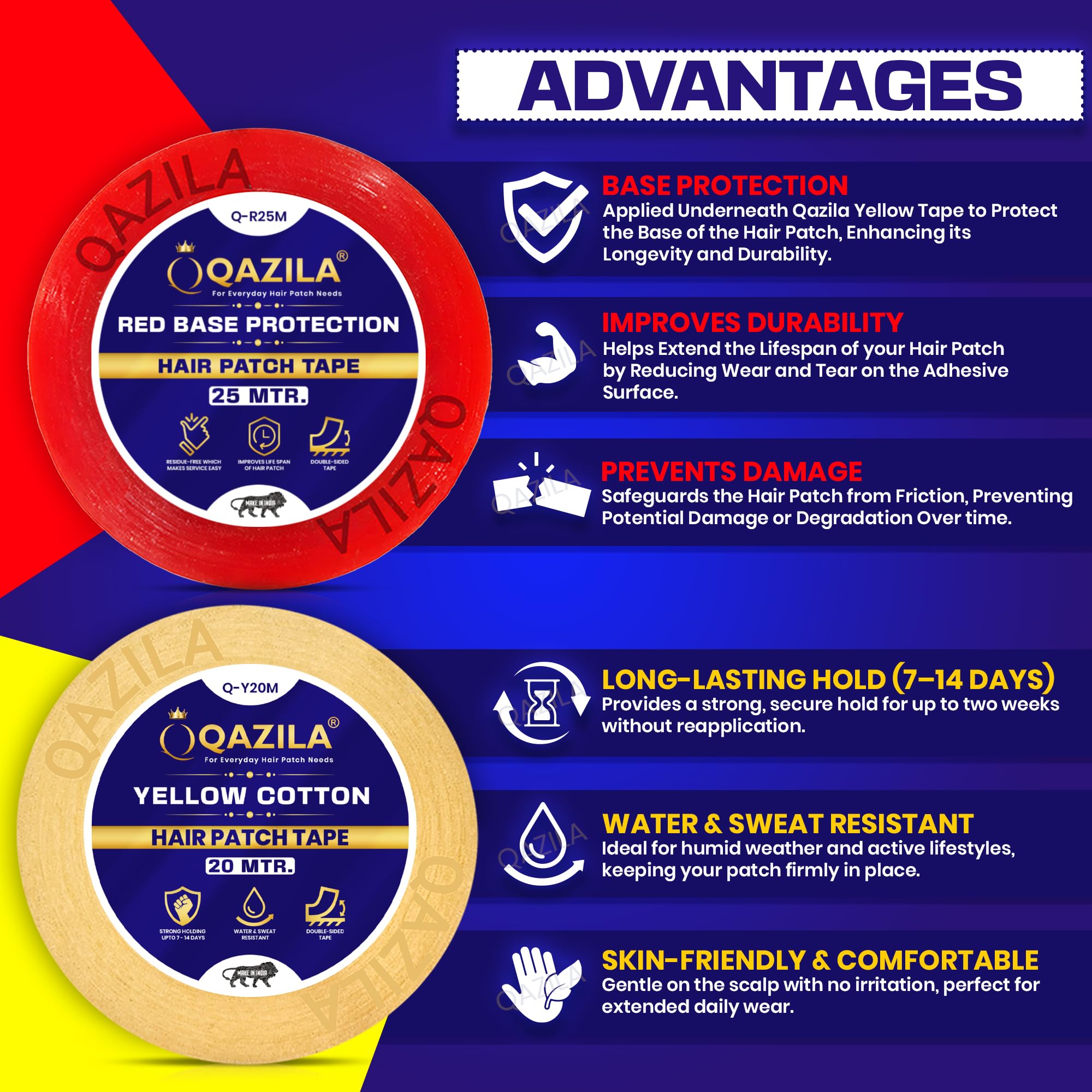 Qazila Hair Patch Tapes Combo | Yellow Cotton & Red Base Protection | Protects Base & Provides Holding Strength upto 7-14 days | Double-sided | Water & Sweat Resistant | Skin-Friendly | 1 inch Width 2