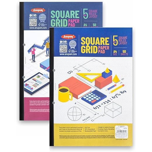 Anupam Squared Paper Pad 21x30cm Size 5mm Squares on 80GSM White Paper with Perforated Edges for Easy Removal With Engineering Pad, Graph Paper, Grid Paper, Drafting Paper, Writing Paper (Pack of 2)