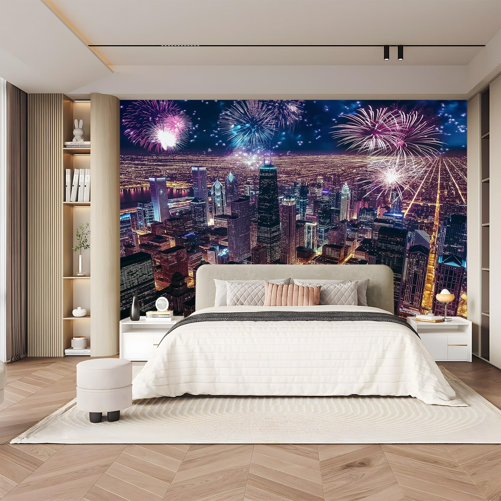 Generico Carta Da Parati Fotografica 3d Effetto Vista Notturna Della Città Di Chicago 400x280 cm Moderna Design Carta per Pareti Soggiorno Camera Da Letto Sala Fotomurali Non Tessuto