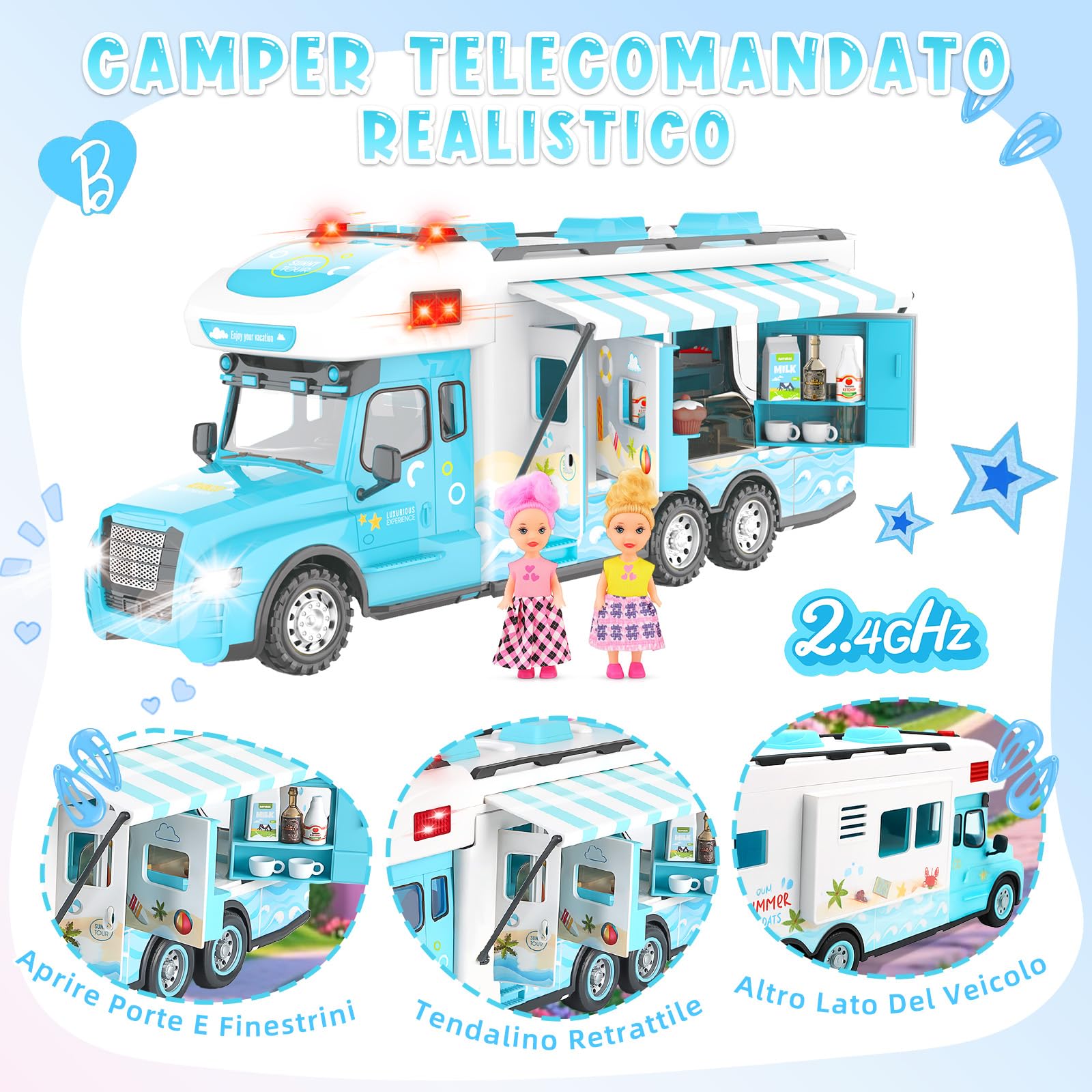 Charmofun Macchina Telecomandata Per Bambina, Auto Radiocomandata Blu Con 2 Bambole, Telecomando, Luci E Suoni, Auto Telecomandato Ragazze 6 -12 Anni, Natale Compleanno Regalo (Blu)