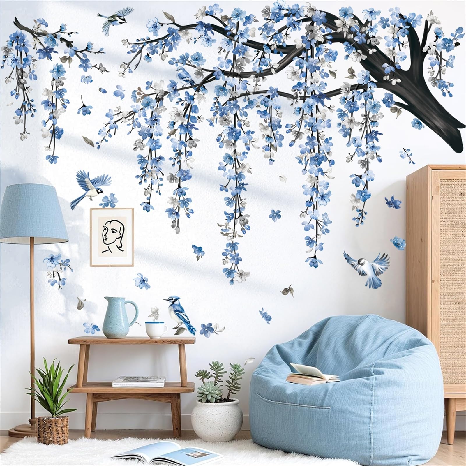 decalmile Muurtattoo, blauwe wandsticker met grote bloemen, vogels, hangende bloemen, wanddecoratie voor woonkamer, slaapkamer, sofa, achtergrond