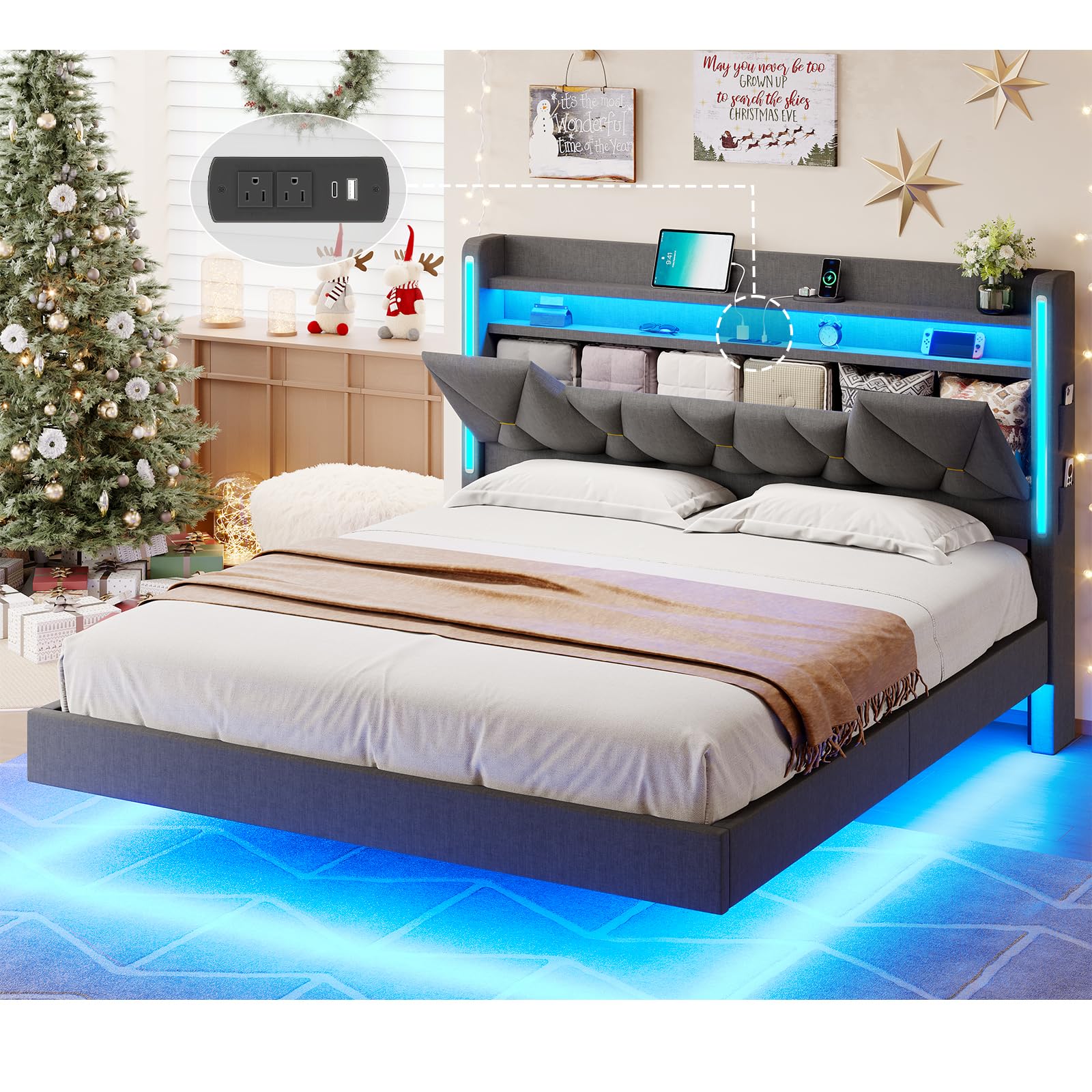 Floating Bed Frame Queen Size with Hidden Storage Headboard,Weight Capacity 1200lbs Metal Platform Bed with Dual-Zone LED Lights and Type-C Charging