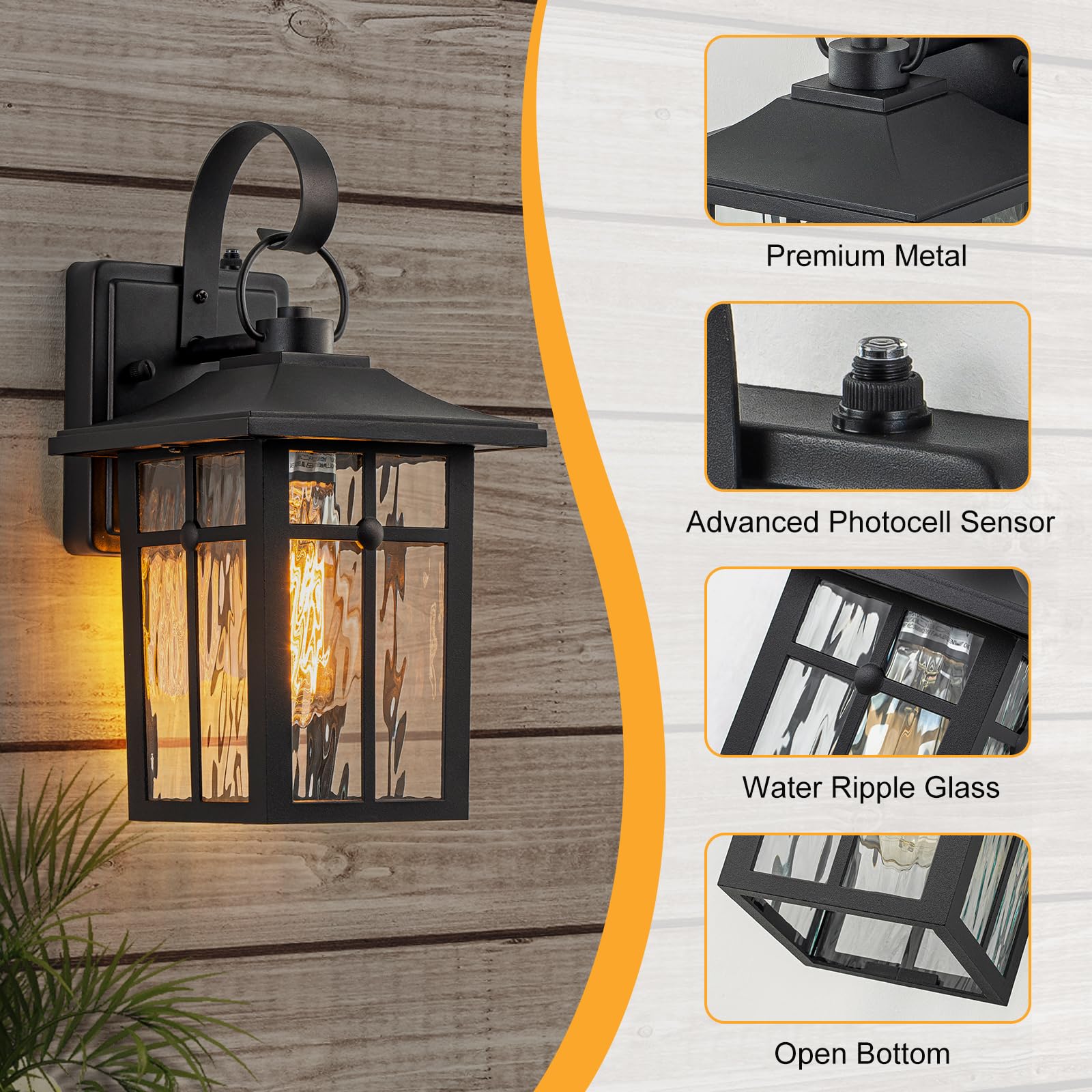 2 Pack Dusk to Dawn Outdoor Wall Lights Aluminum Exterior Light Fixtures Wall Mount with Ripple Glass Waterproof — view 6