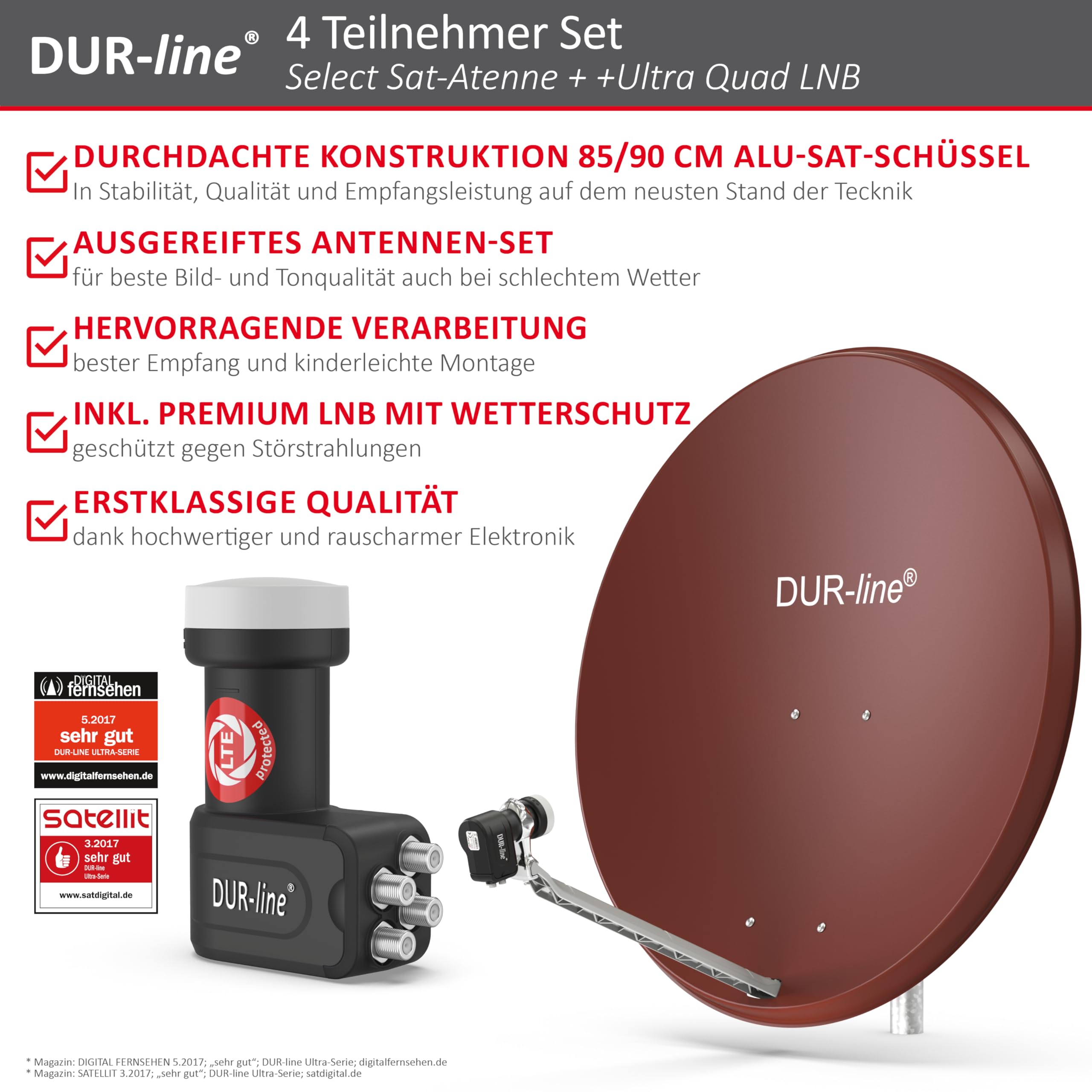 DUR-line 4 Teilnehmer Set - Qualitäts-Alu-Satelliten-Komplettanlage - Select 85cm/90cm Spiegel/Schüssel Rot + Quad LNB - für 4 Receiver/TV [Neuste Technik, DVB-S2, 4K, 3D]