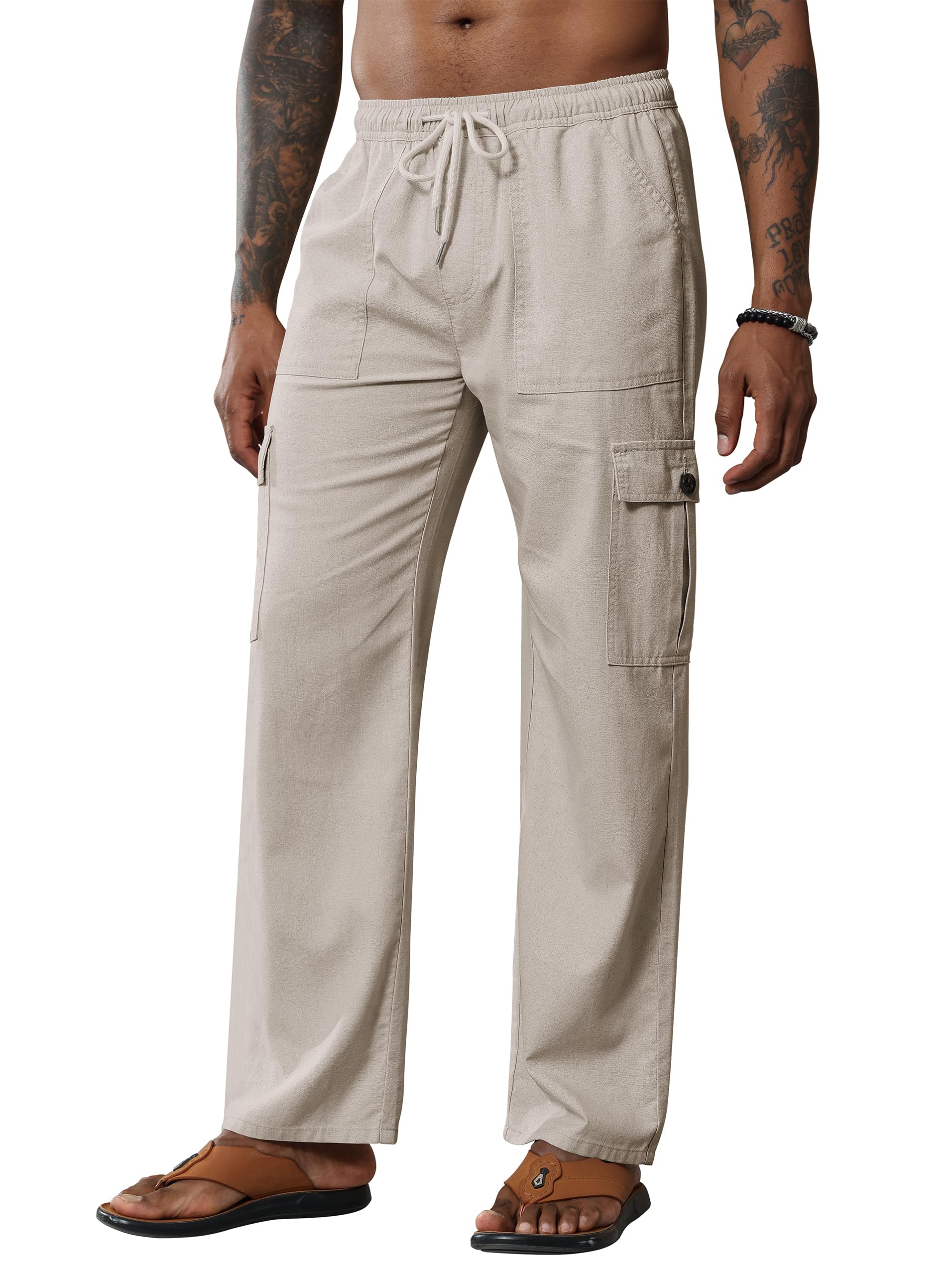 Breampot Herren Leinenhose Lang Leicht Sommerhose Baumwolle Cargo Loose Freizeithose mit Kordelzug