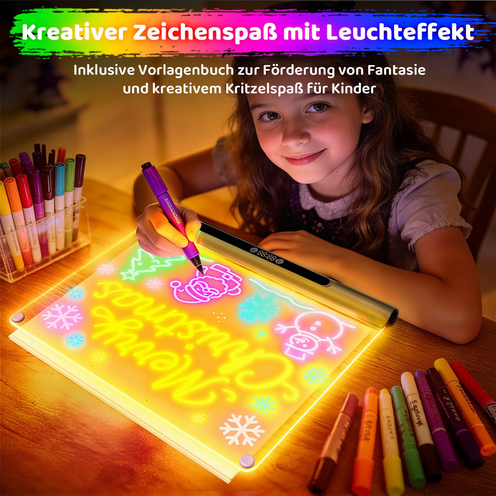 Geokay LED Zeichenbrett für Kinder, Wiederaufladbare LED Maltafel 41 cm, 9 Lichtmodi mit Timer & Ständer, LED Zeichentafel für Mädchen & Jungen, 6 Stifte & Vorlagenbuch, Schwarz