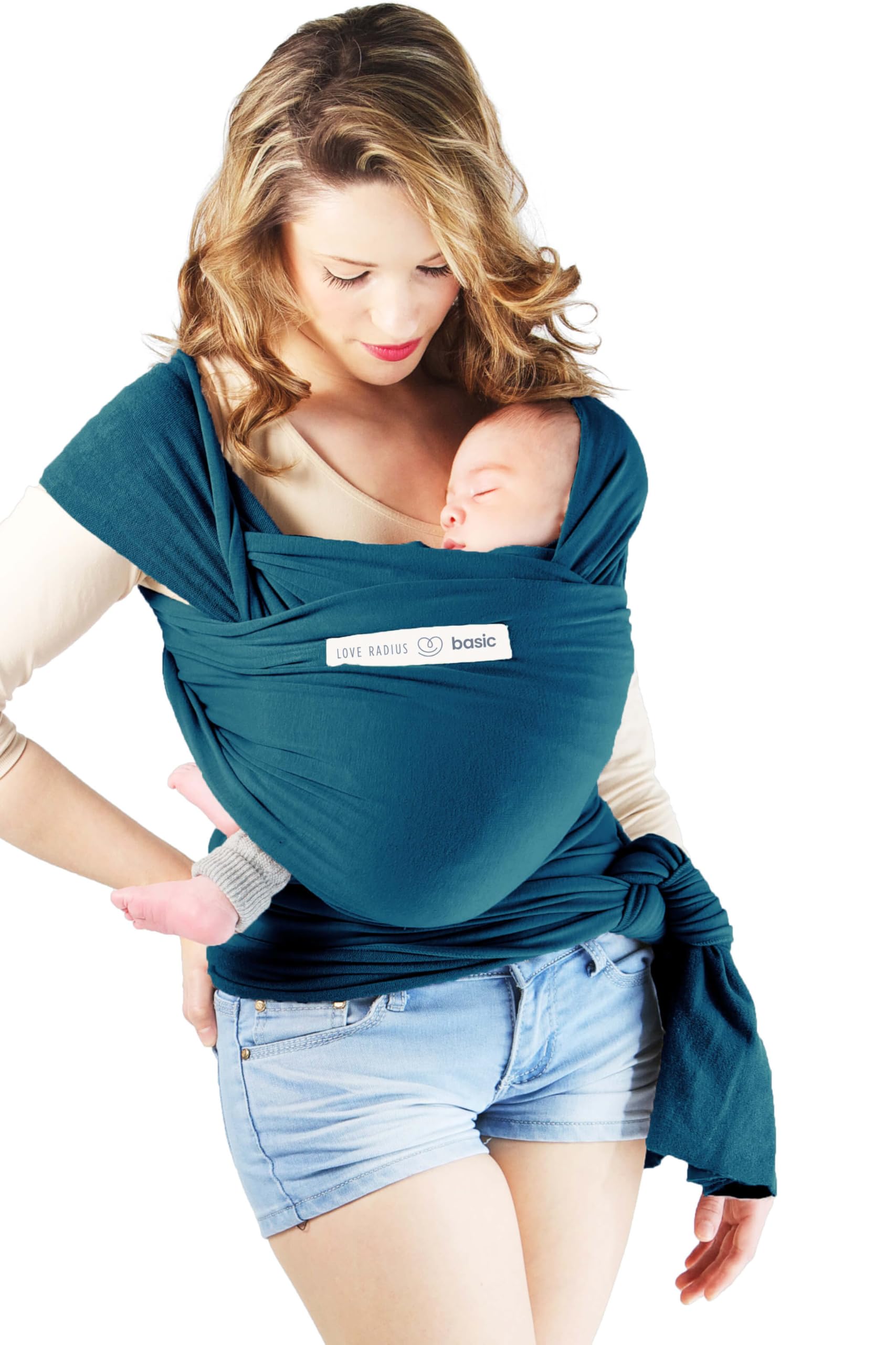 BASIC - Bleu Retro | Fibres BIO - Naissance à 9 kg - Echarpe de portage extensible - Réglage facile 1 noeud préalable pour mettre et sortir bébé - Portage ventral