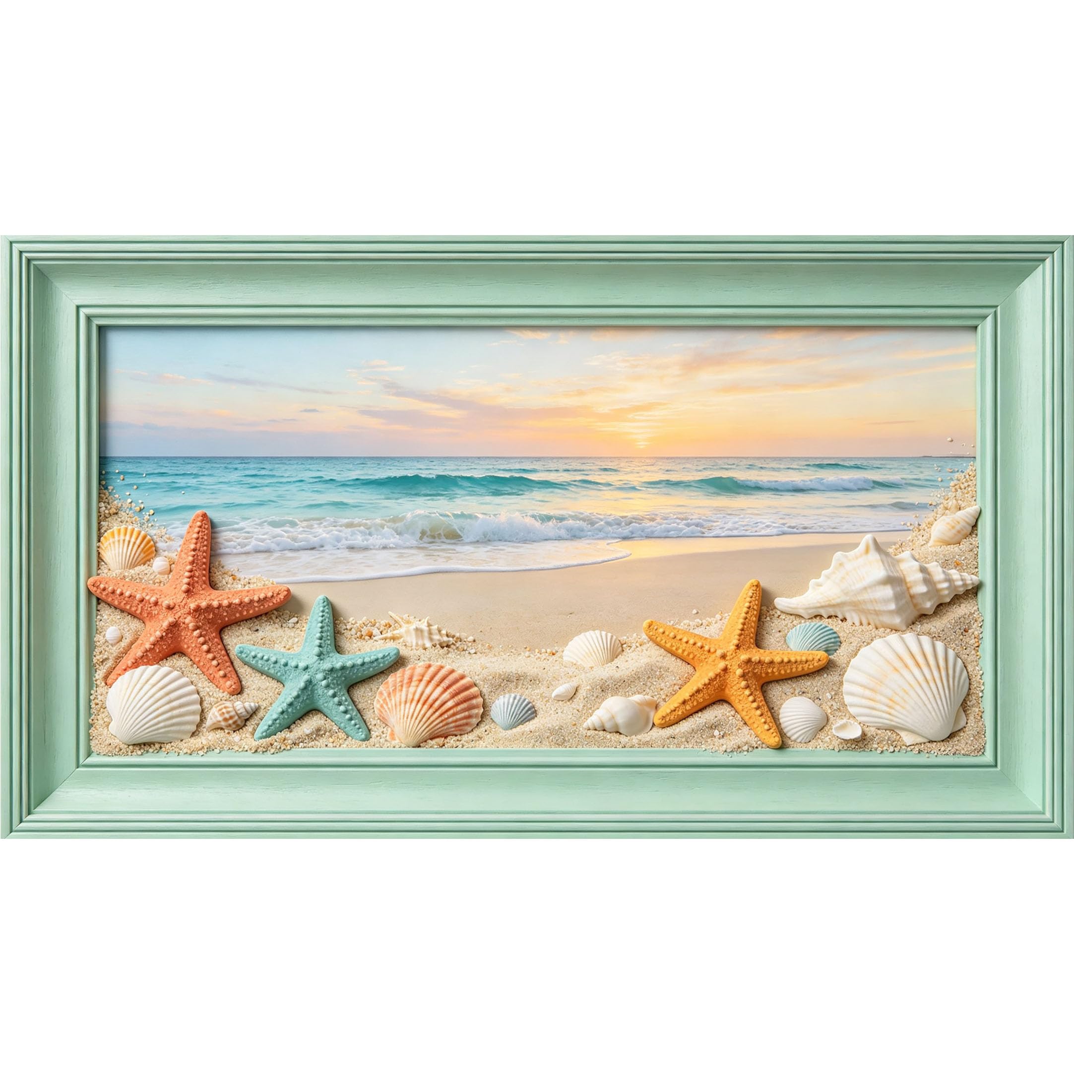 QZLITHOTIC 50x90cm3D Framed Wall Art， Coastal Beach Sunset Starfish Seashell Self‑Adhesive Mural， Water‑Activated Peel & Stick Fabric Decor Wall Decal for Bedroom Living Room