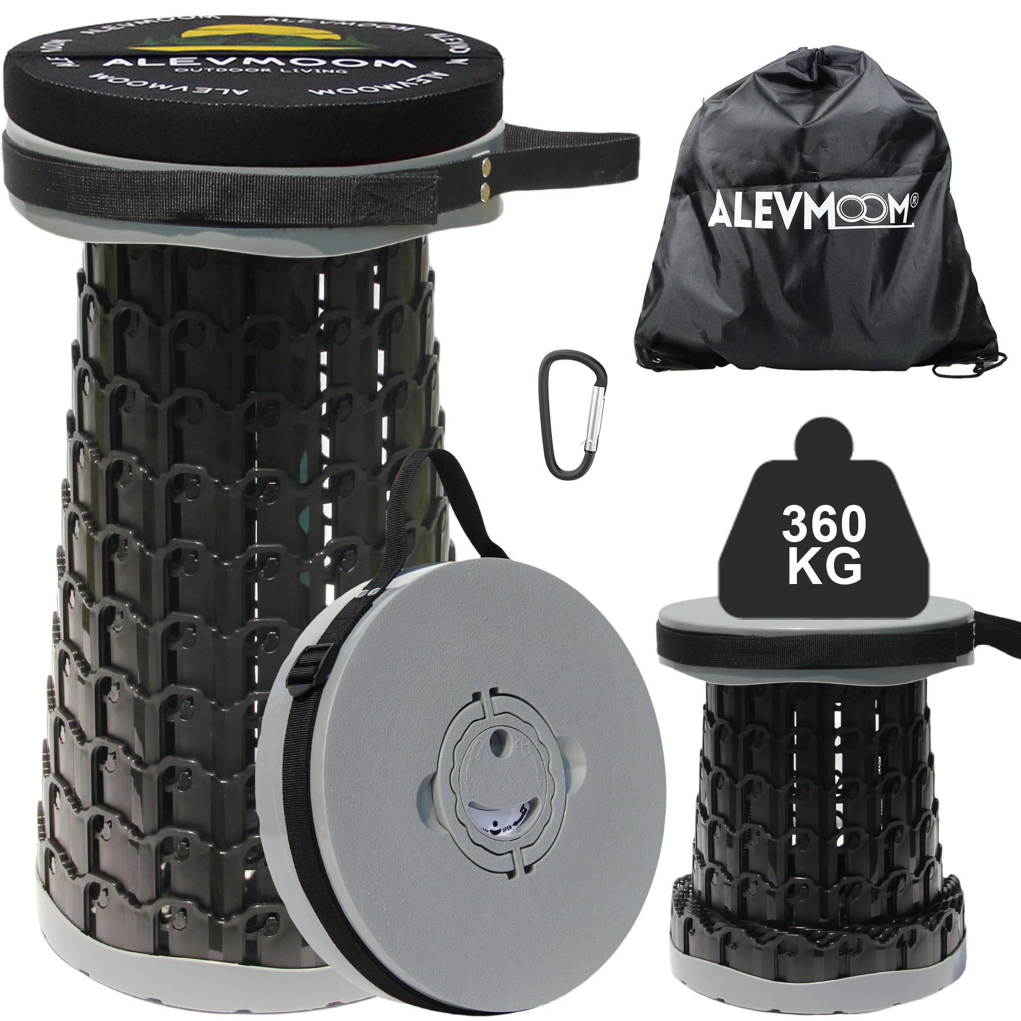 ALEVMOOM Klapphocker Teleskophocker mit Kissen Karabiner Tragetasche Camping-Hocker 360kg