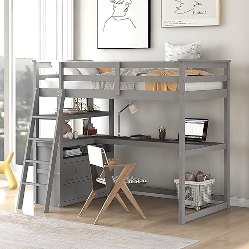 Merax Twin Size Loft Bed with Desk, Shelves and Two Built-in Drawers, Solid Wood Bed Frame for Teens, Grey