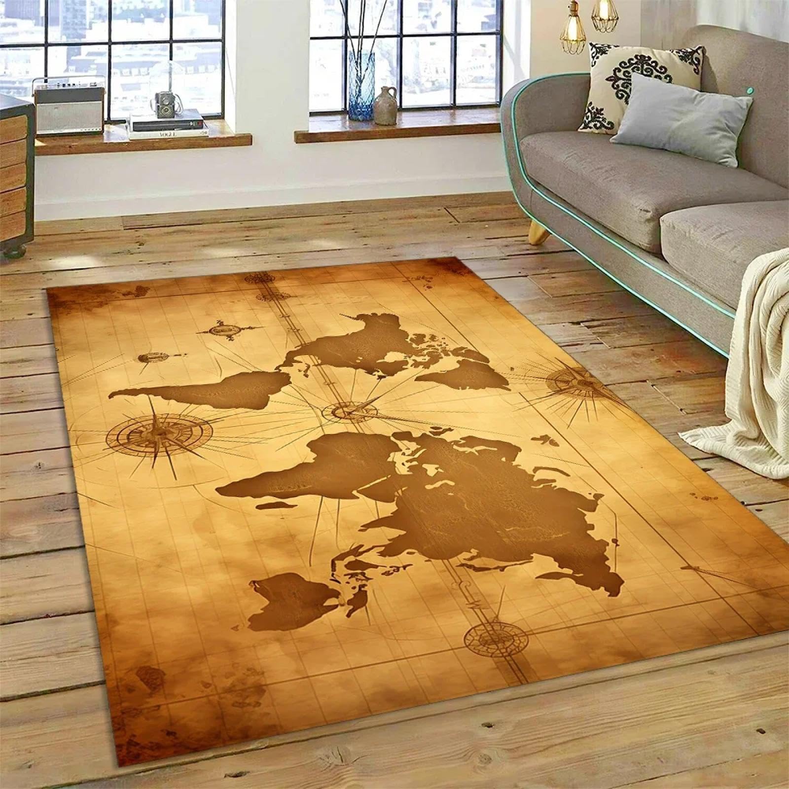 Alfombra con brújula y Mapa del Mundo náutico Retro 3D, Alfombra Antideslizante Lavable para habitación Infantil, Ideal para Escalar y Jugar.