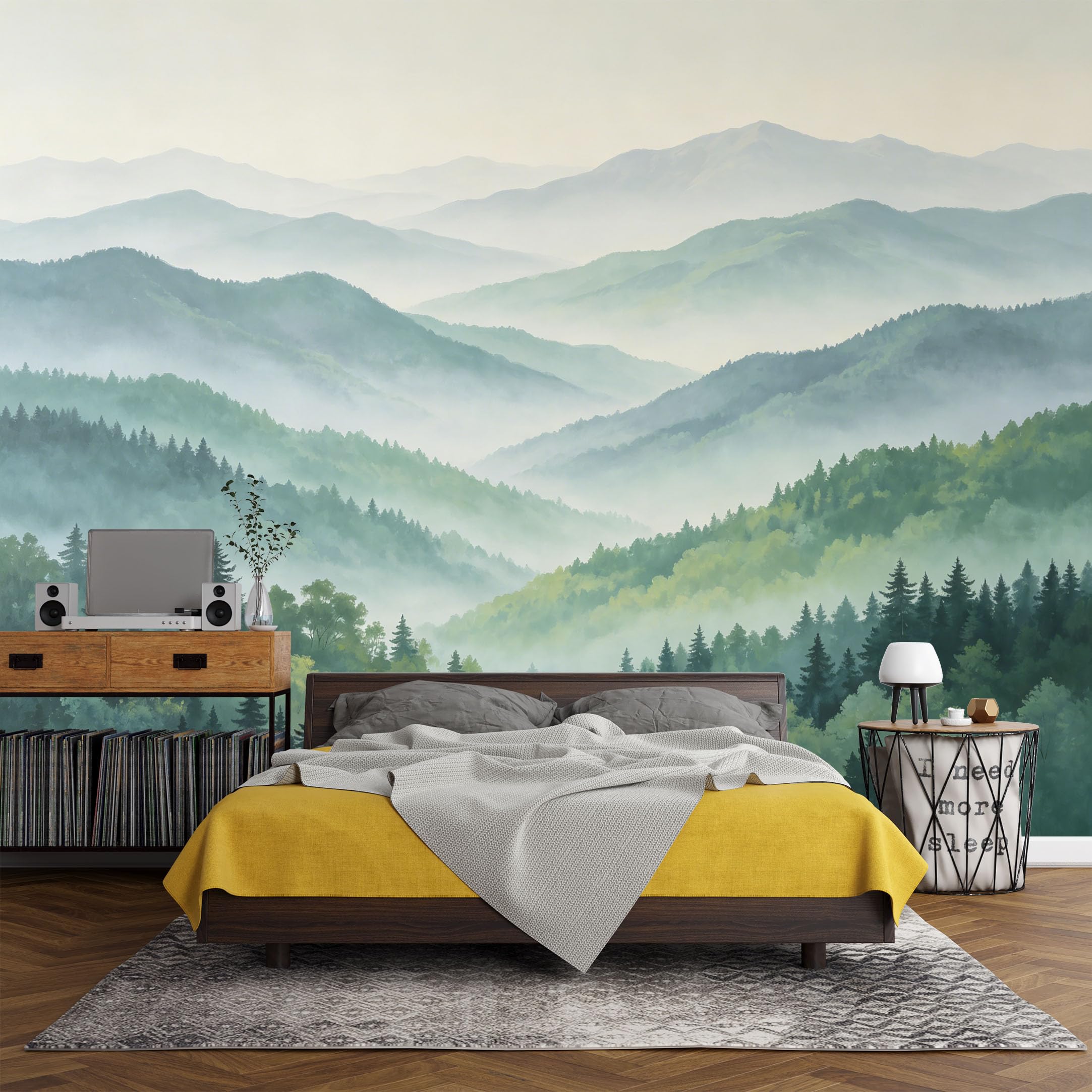 Custom Size Wall Mural， Mountain Lake Mist Forest Landscape Green Hills Nature View，SelfAdhesive Art Prints wall Fabric(No PVC) Removable Wallpaper Living Room Decor