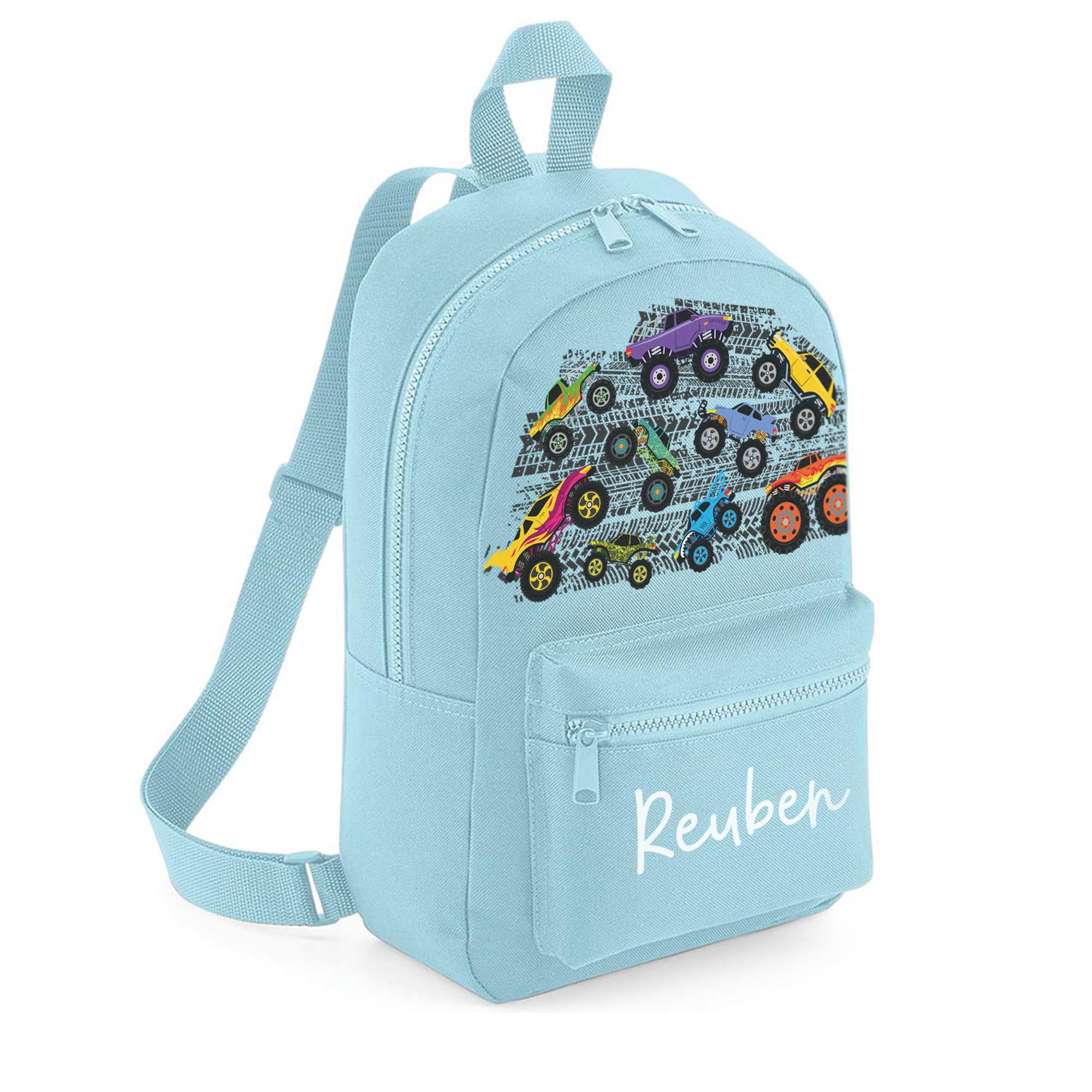 A1 Graphics Ltd Personalised Monster Trucks Kids Backpack Custom with Name Choice of Colours Motocross School Bag with Adjustable Straps For Children & Toddlers (Powder Blue)
