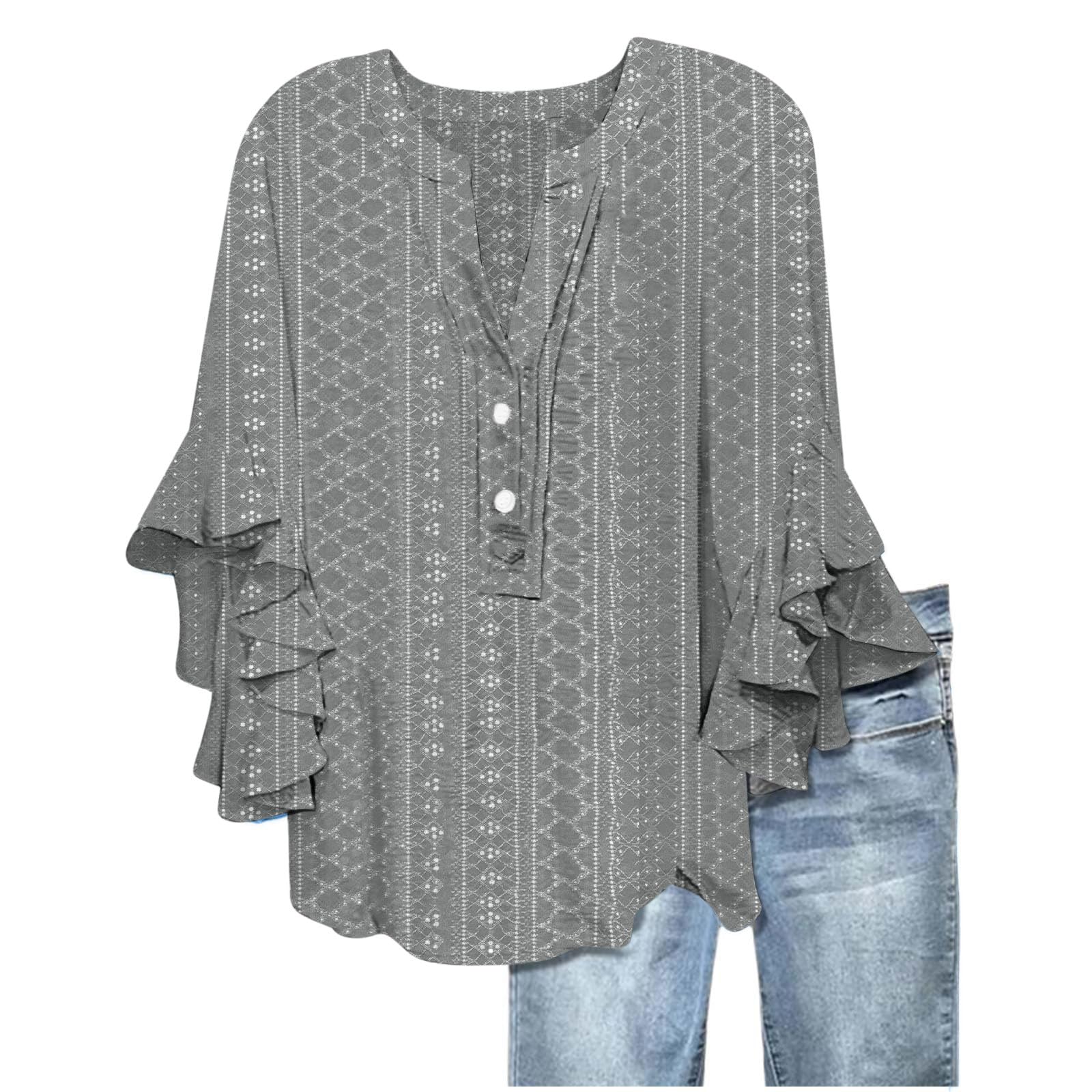 Women's Eyelet Tops V-Neck Ruffle 3/4 Sleeve Blouse Casual Loose Button Up Henley Shirts Boho Flowy Beach Clothes — view 12