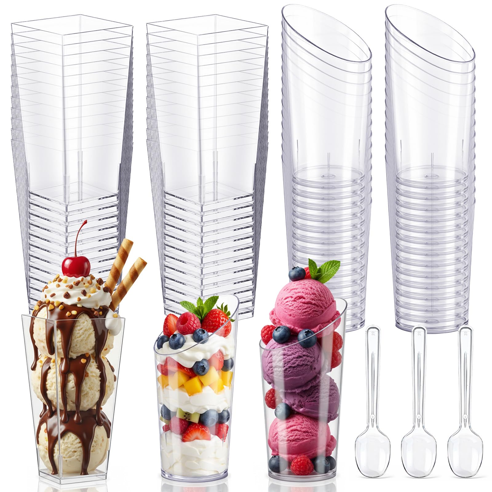 Photo 1 of IMengjbang 200Pcs Mini Dessert Cups with Spoons, 3 oz Clear Plastic Dessert Shotter Cups Square Plastic Appetizer Cup Reusable Small Clear Mousse Pudding Cup for Wedding Baby Shower Birthday Party
