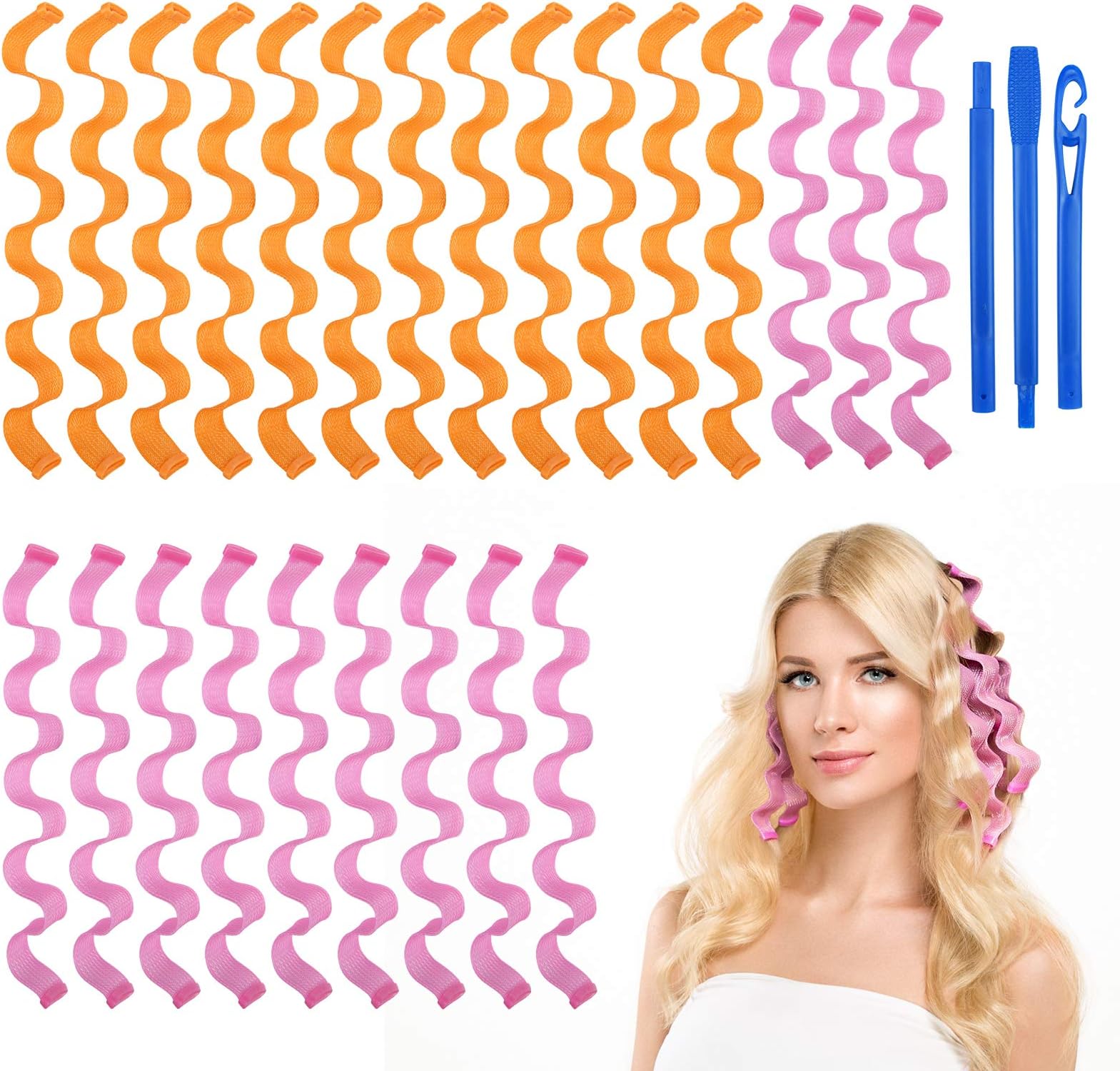 URAQT Hair Curlers for Long Hair, 24Pcs 45cm Hair Rollers Wave Curls, No Heat Hair Curlers Styling Kit with Styling Hooks, Healthy DIY Hairstyle for Women Girls