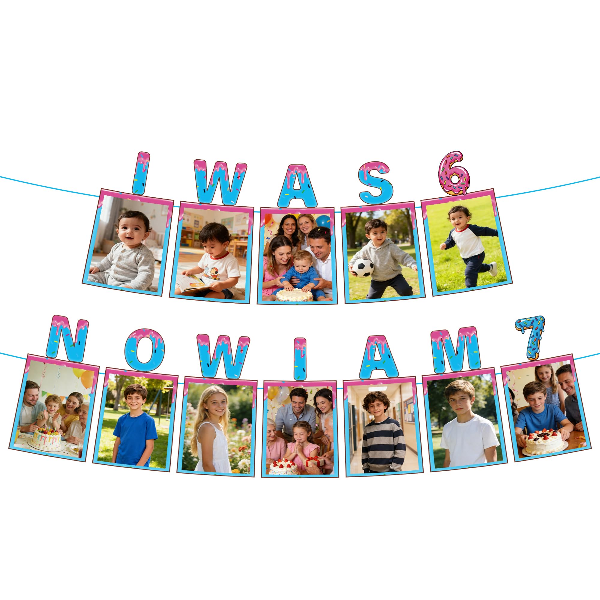 67 Birthday Party Decoration Banner - 2 PC Blue Pink Funny I Was 6 Now I AM 7 Photo Banner for SIX Seven Er Sie Boys Girls Party Anniversaries Graduations Other Celebrations