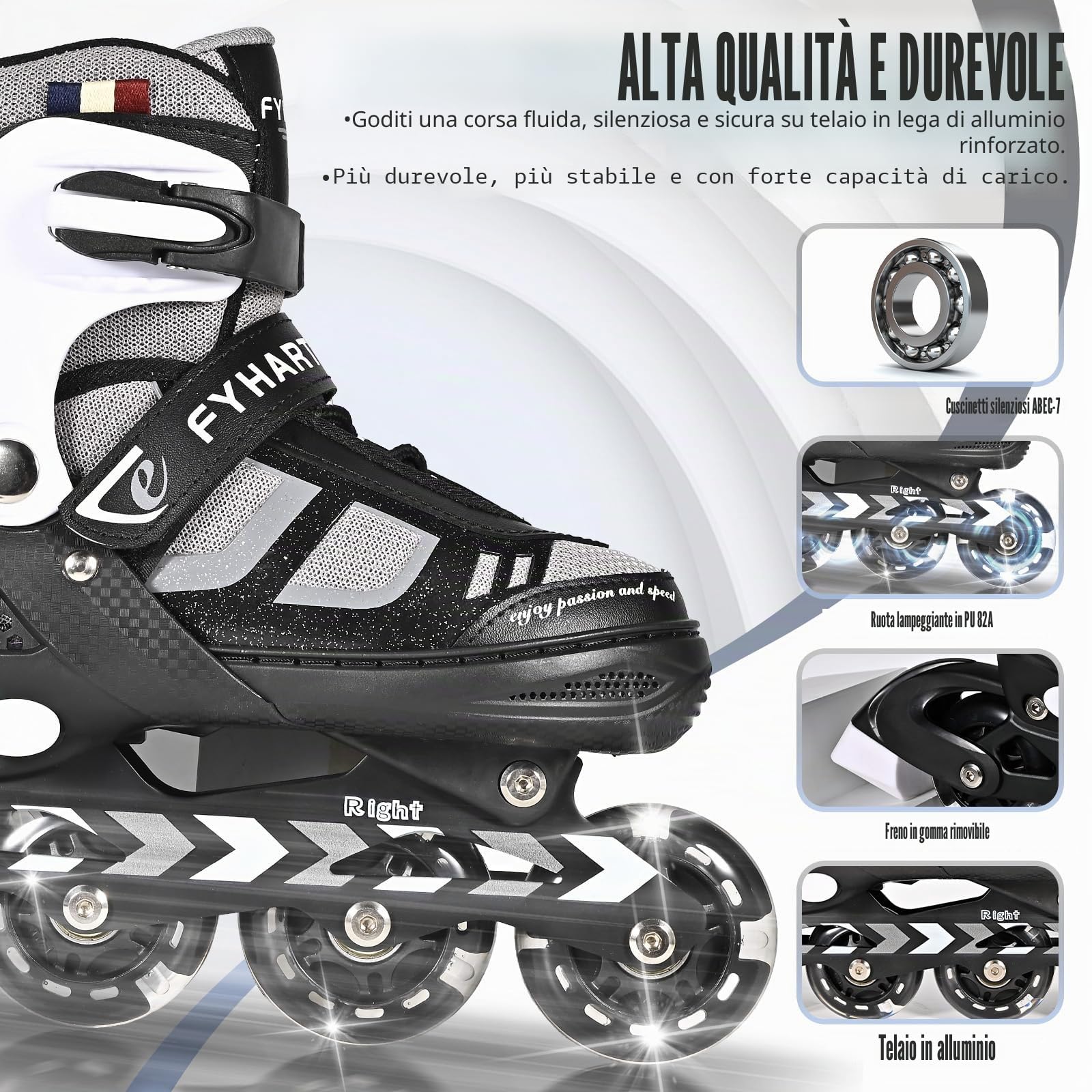 Pattini in linea regolabili per bambini e adulti, a 4 ruote con ruote luminose, Nero Bianco