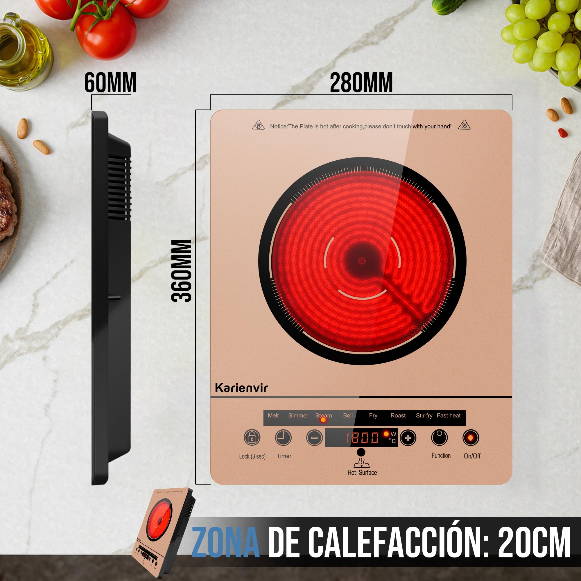Placa Vitroceramica 1 Fuegos, Placa de Cocción Integrada, 2000W, Naranja | Placa de Cocción Integrada, Vitroceramica Portatil, Indicador de Alta Temperatura, Bloqueo para Niños, 9 Velocidades