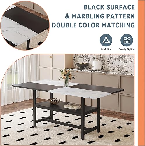 Miniatura 3 de 71" Dining Table Set for 8 with Storage Shelf - Modern Industrial Rectangular Dining Table Set with Metal Legs & Upholstered Chairs, White & Black