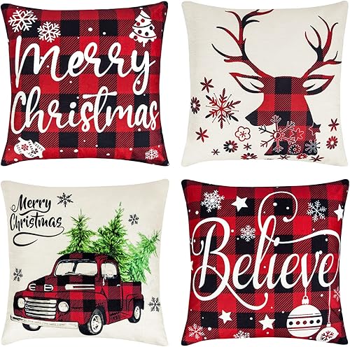 Ouddy Juego de 4 fundas de almohada de Navidad de 18 x 18 pulgadas, fundas de almohada de Navidad a cuadros de búfalo, fundas de lino para invierno,