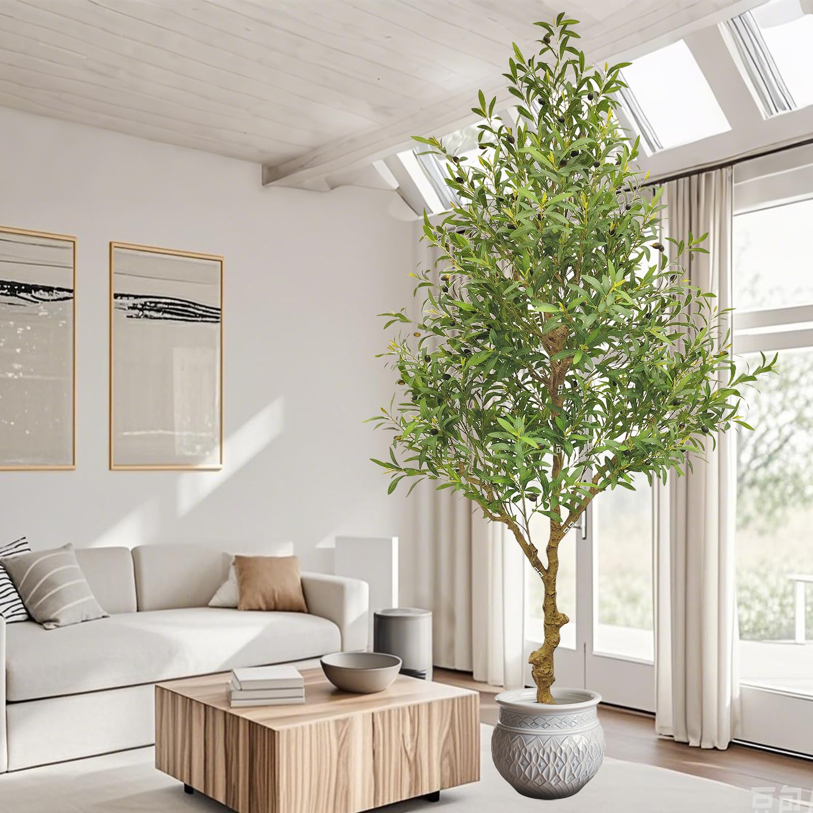 LEAFYSEREN Artificial Olive Tree 8 Feet, Fake Faux Olive Trees Artificial Indoor, Large Tall Realistic Indoor Silk Potted Tree - Perfect for Home, Office, Living Room, Staircase, and Store Decor.(8ft)