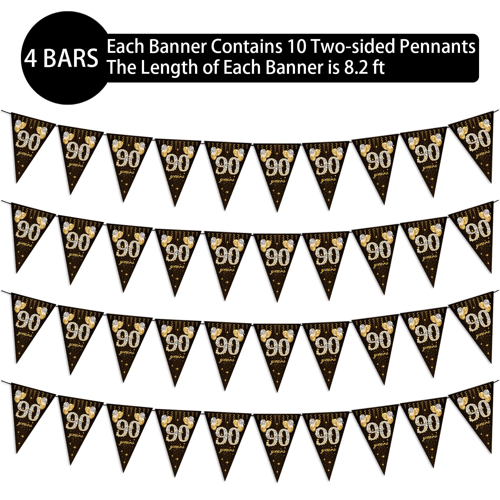 90. Geburtstag Dekoration Set – Banner, Dreieck-Flaggen & Wirbel In Schwarz-Gold, Für Die Perfekte Party
