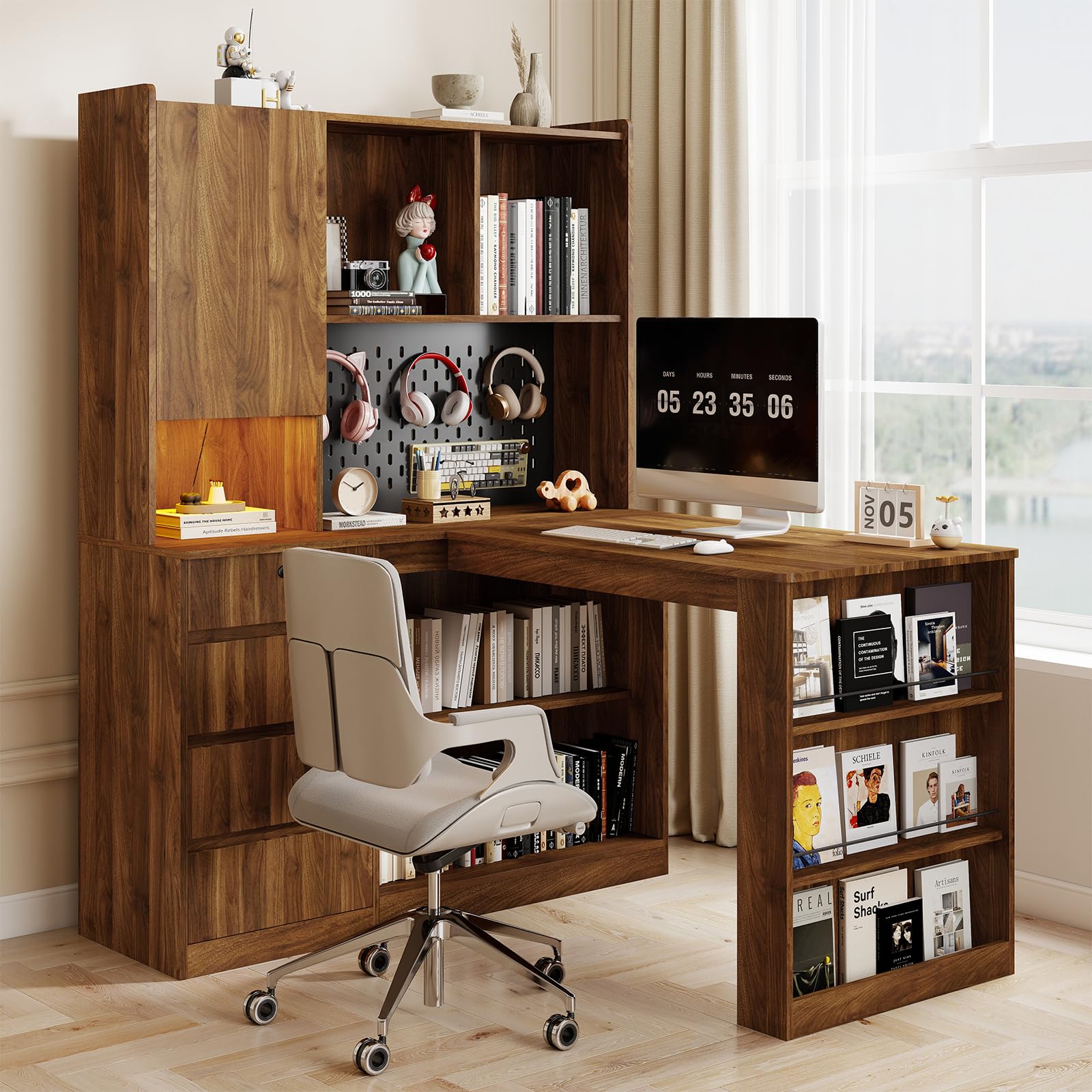 Zevemomo L Shaped Desk with Hutch and 4 Drawers, Computer Desk with USB Ports, Power Outlets & LED Light, Wood Corner Computer Desks with Storage