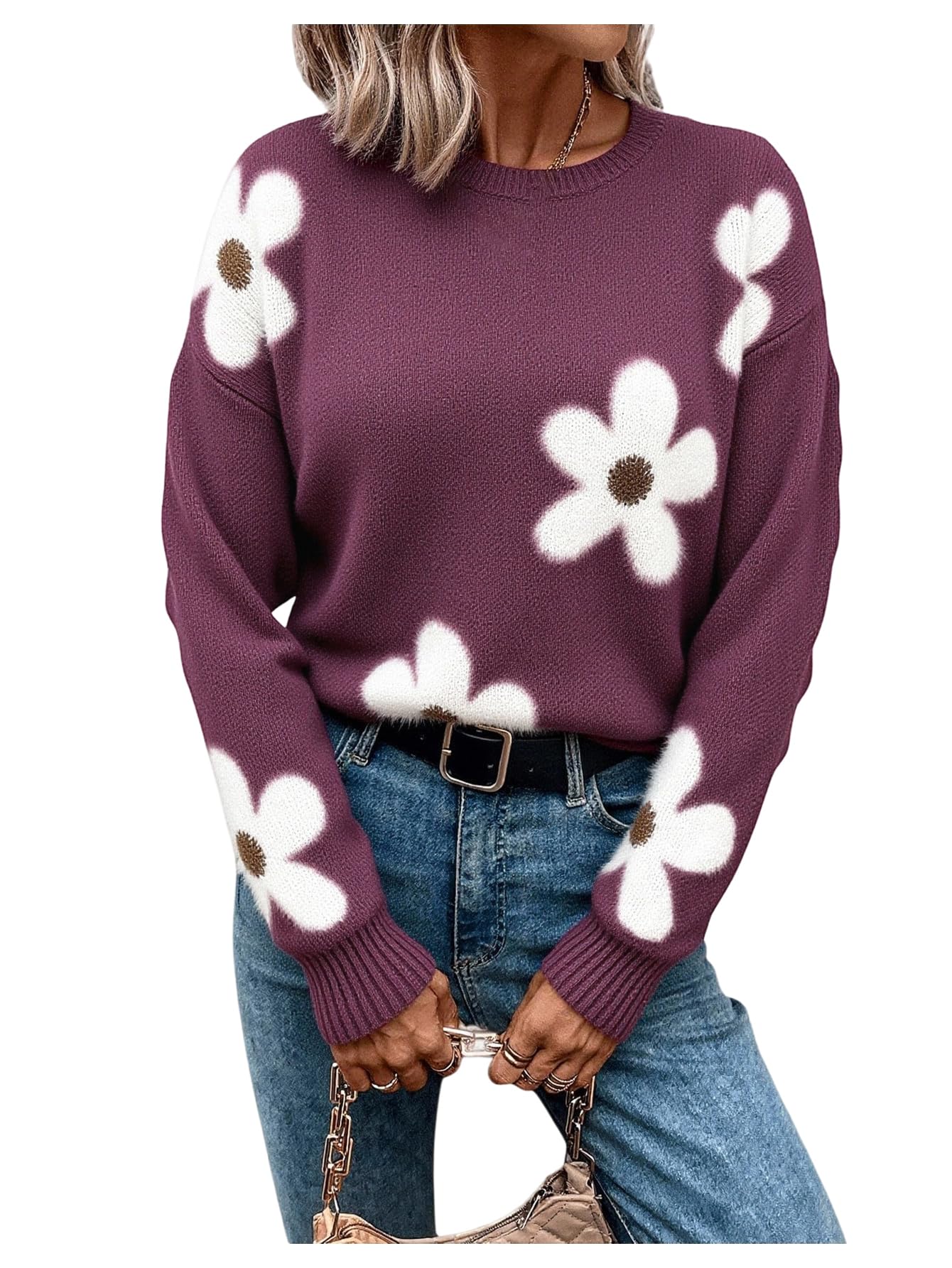 SHENHE Womens Floral Pattern Crewneck Long Sleeve Drop Shoulder Sweaters Pullover Tops