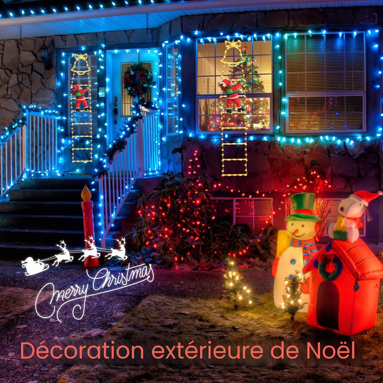 SelfTek Échelle décorative de Noël avec Père Noël grimpant - Décorations de Noël à DEL avec 8 modes d'éclairage pour intérieur, extérieur, jardin (160 cm, blanc chaud)