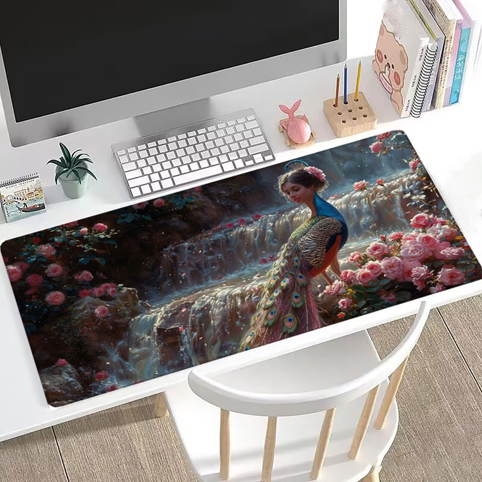 Damska podkładka pod mysz XXL, 150 x 80 cm, gamingowa podkładka pod mysz, paw, duża podkładka na biurko, akcesoria na biurko do gier z antypoślizgową podstawą i przeszytymi krawędziami, ulepszona
