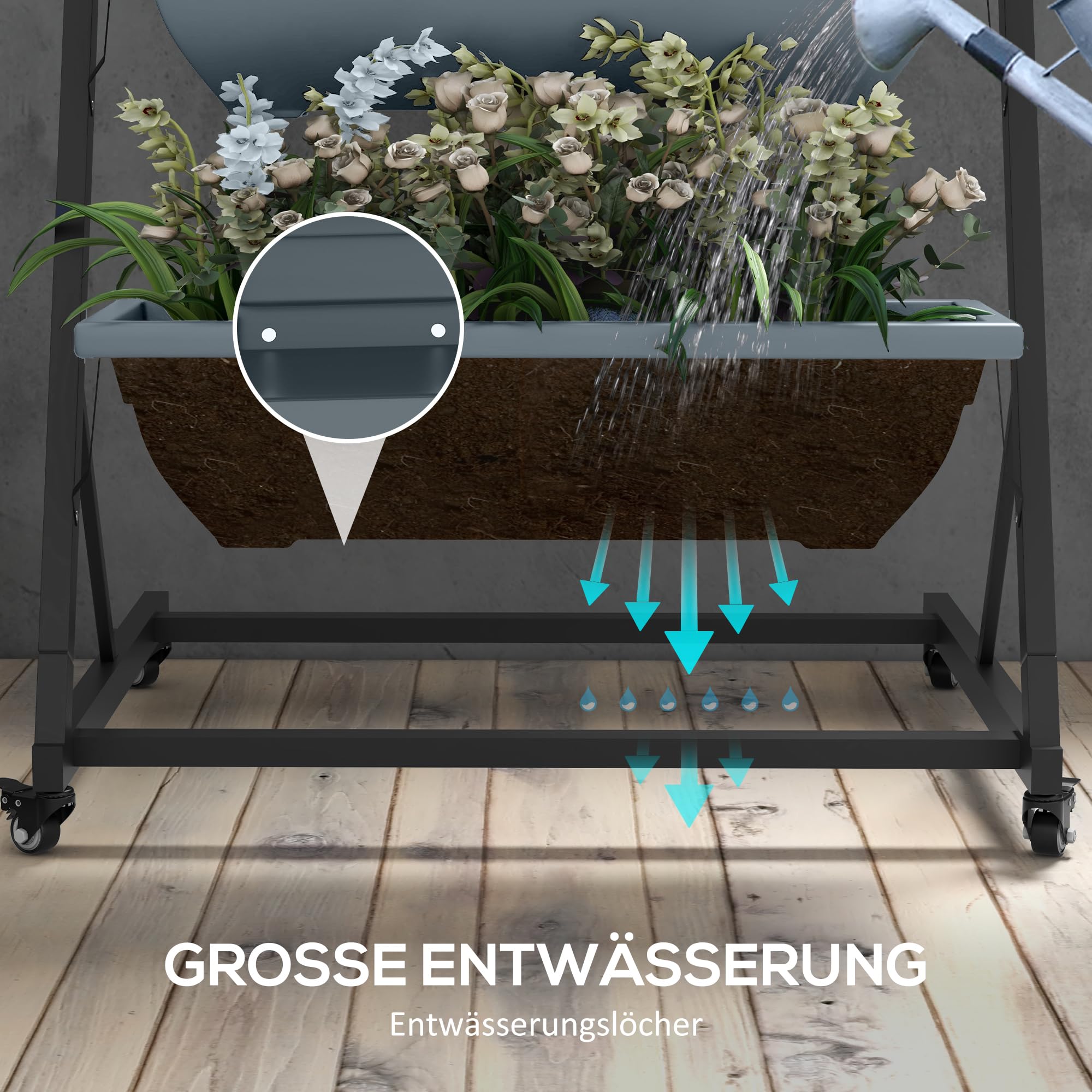 Outsunny 5-Etagen Pflanzenständer, 145 cm hoch Blumenständer mit Rollen Töpfe, Pflanzenregal aus Stahl, mehrstöckig Blumenregal, Blumentreppe Blumentopfständer für Garten Balkon, Grau