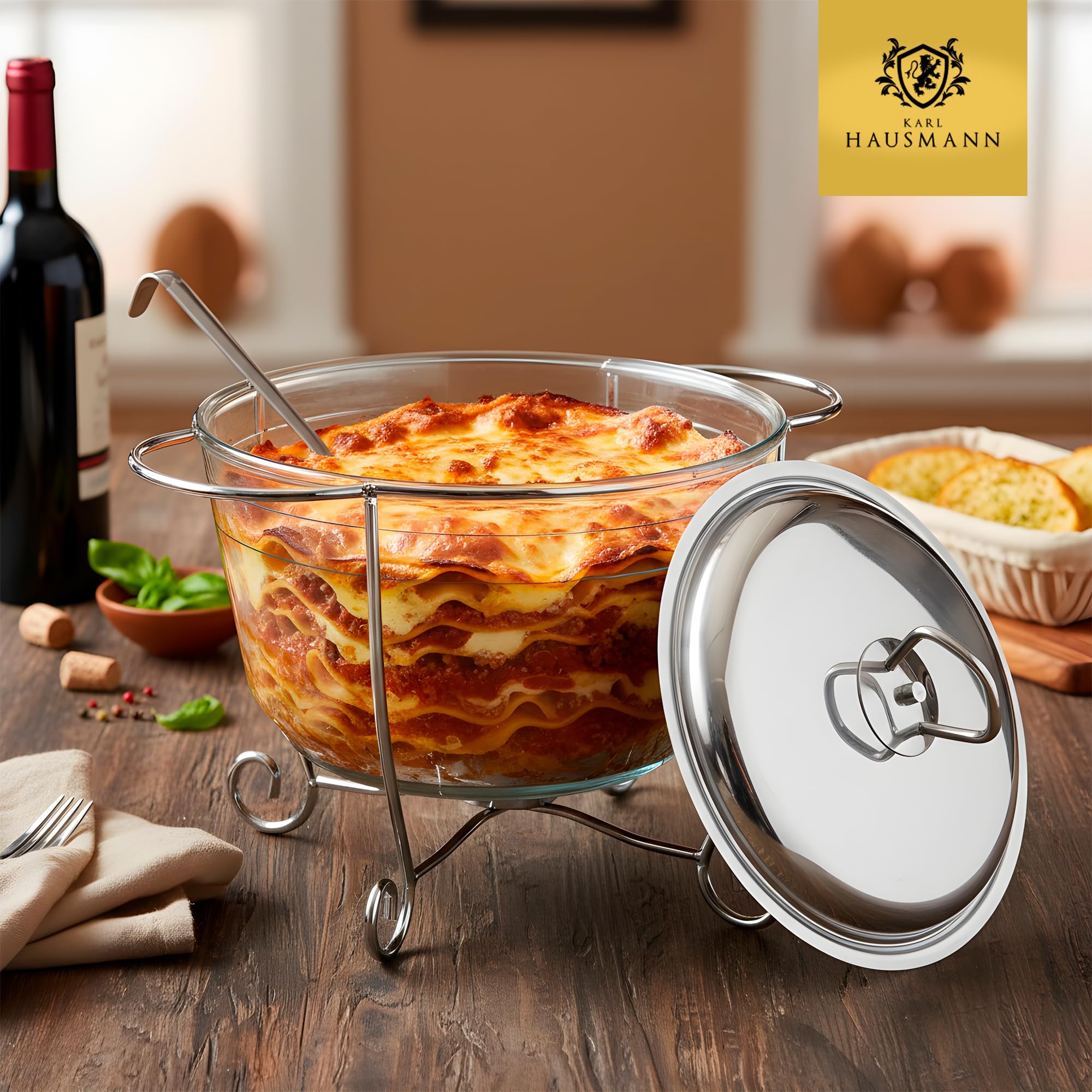 KARL HAUSMANN Chauffe Plat Buffet Ovale 3.9 L - Plat Chauffant avec Insert Verre, Bougie Chauffe-Plat - Couvercle avec Poignée, Structure Acier Inoxydable - Argenté Chafing Dish Maintien au Chaud
