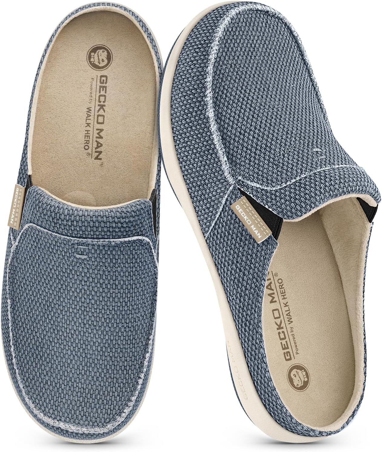 Mens Slippers with Arch Support, Canvas House Slipper for Men with Velvet Lining, Slip On Clog, Indoor Outdoor House Shoes with Anti-Skid Rubber Sole