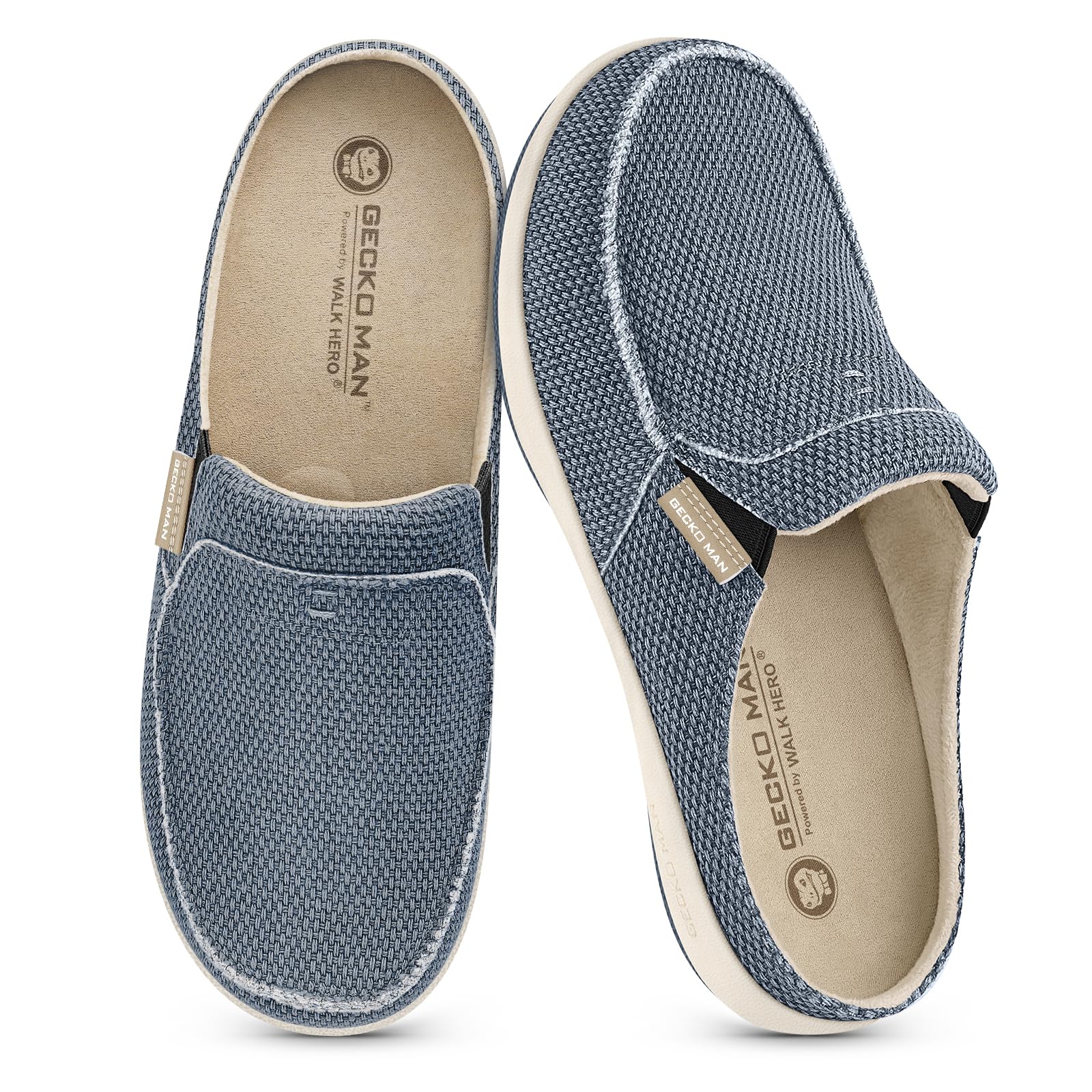 Mens Slippers with Arch Support, Canvas House Slipper for Men with Velvet Lining, Slip On Clog, Indoor Outdoor House Shoes with Anti-Skid Rubber Sole