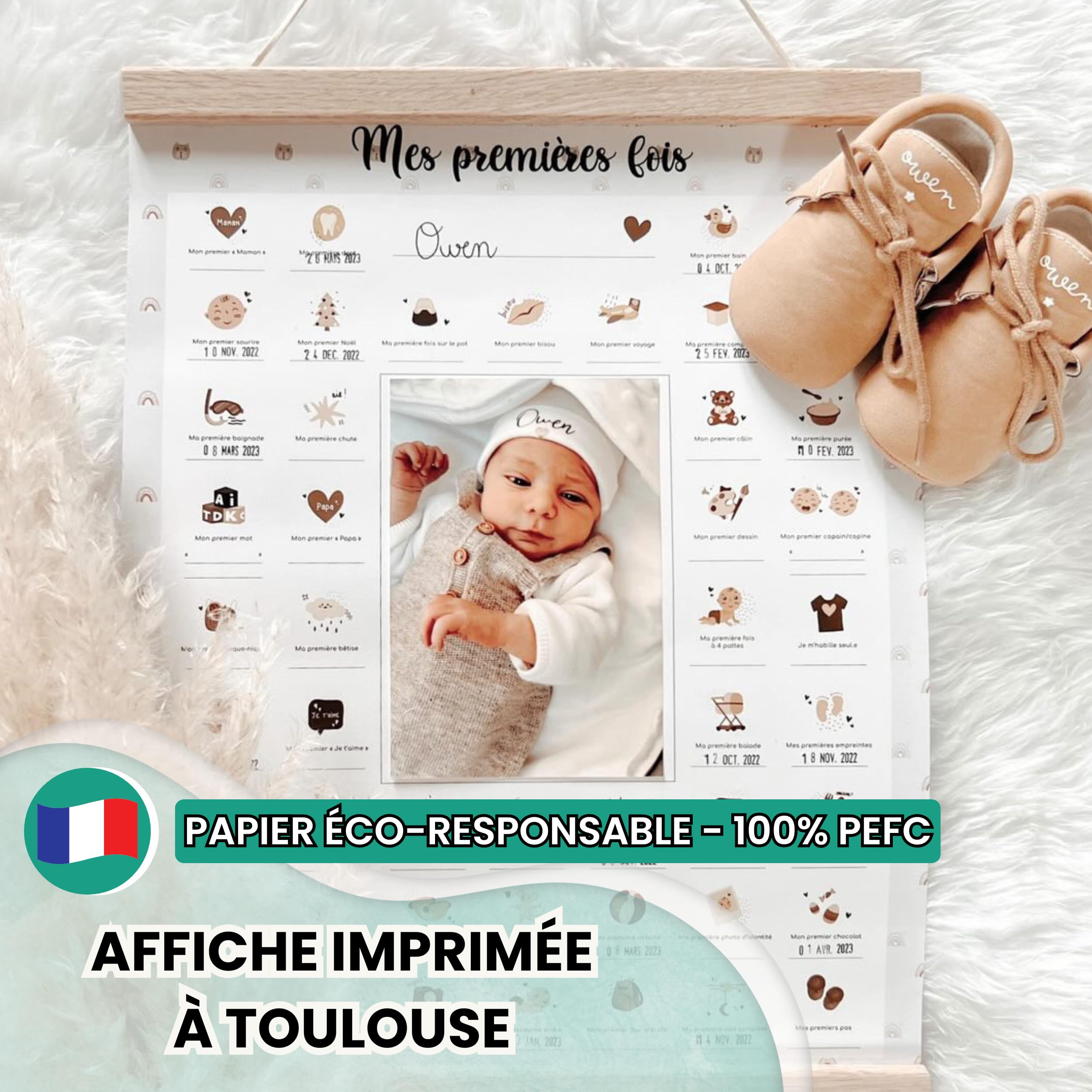 Keep'Love Affiche Mes Premières Fois à Tamponner, Cadeau de Naissance Bébé, Souvenir, Decoration Chambre, Baguettes Suspension Aimantées, Coffret Cadeau Jeune Maman, Grand Format A3 (Modèle OURSON)